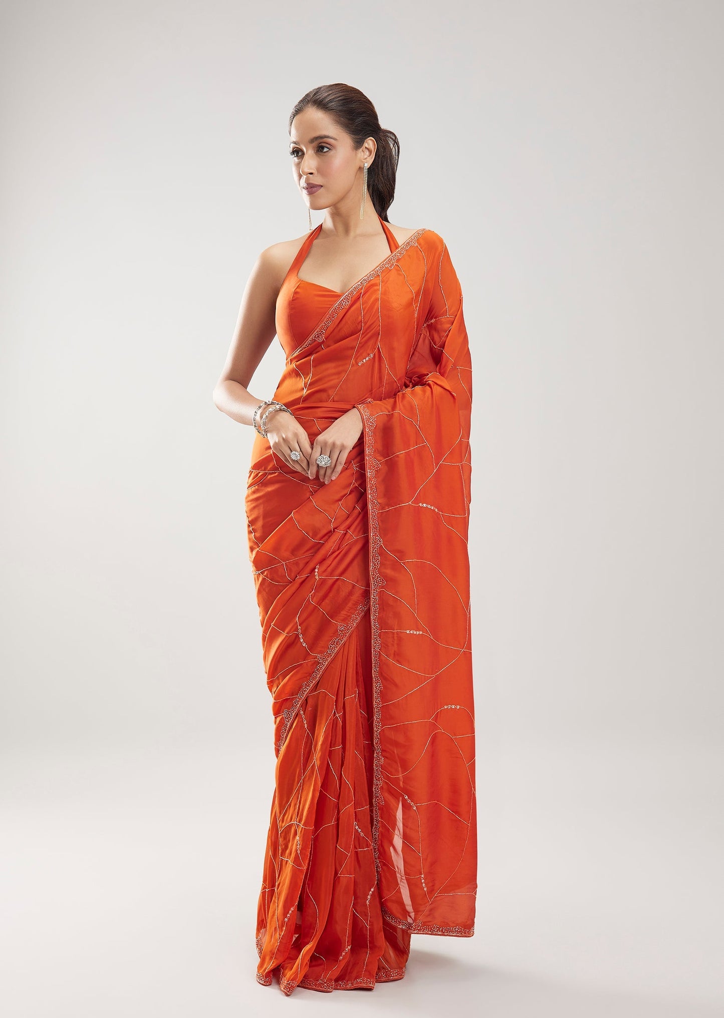 Orange Silk Saree With Cut Dana Embellished Jaal Work