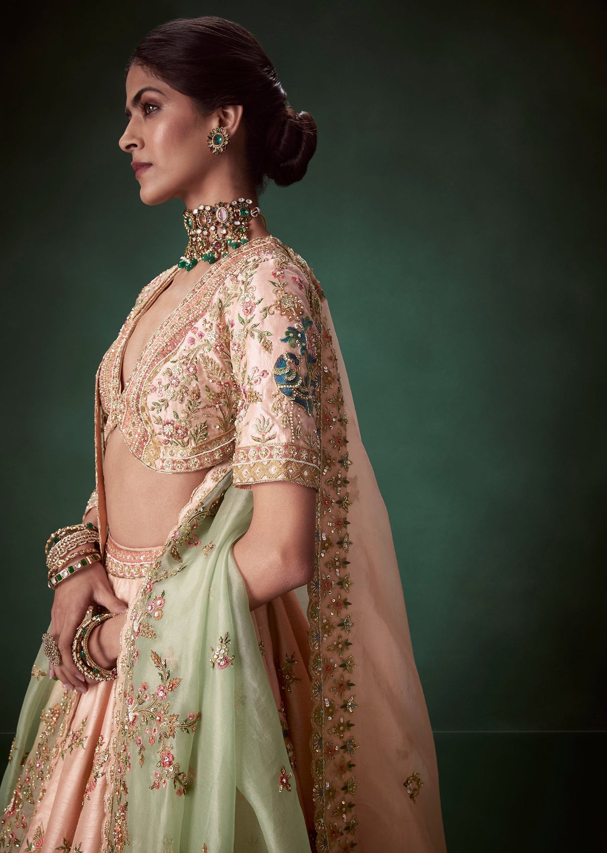Peach Moti Embellished Bridal Lehenga Set