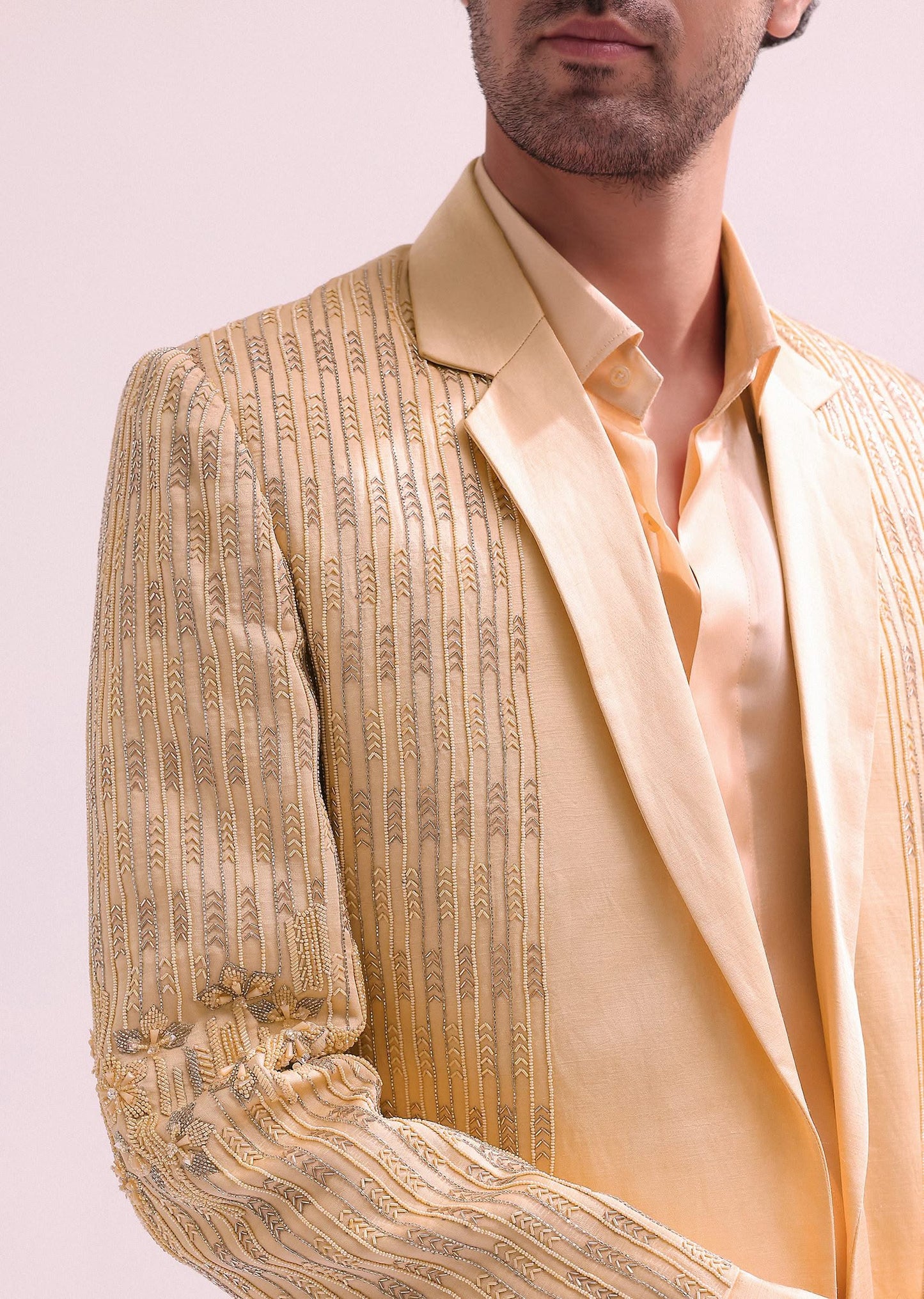 Peach Hand Embellished Lapel Tuxedo With Shirt And Pants