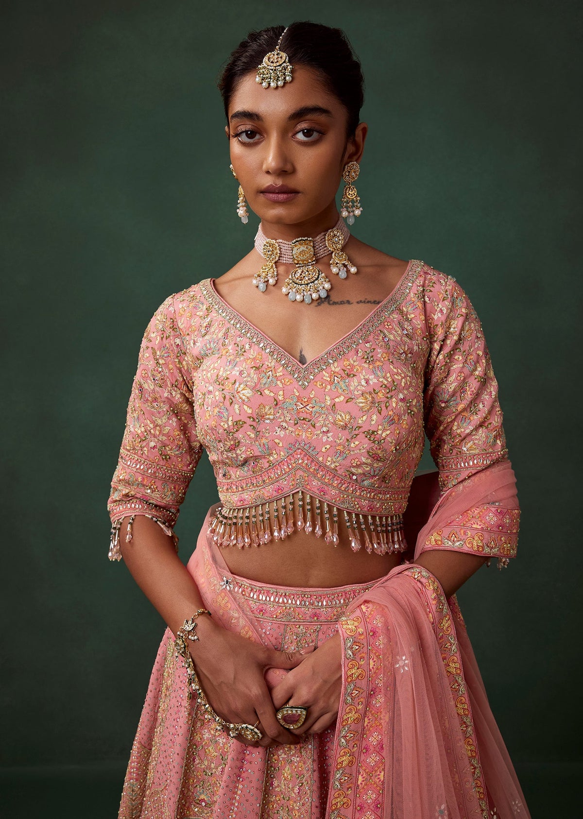 Pink Bird Motif Printed Kali Bridal Georgette Lehenga Set with Heavy Embroidery
