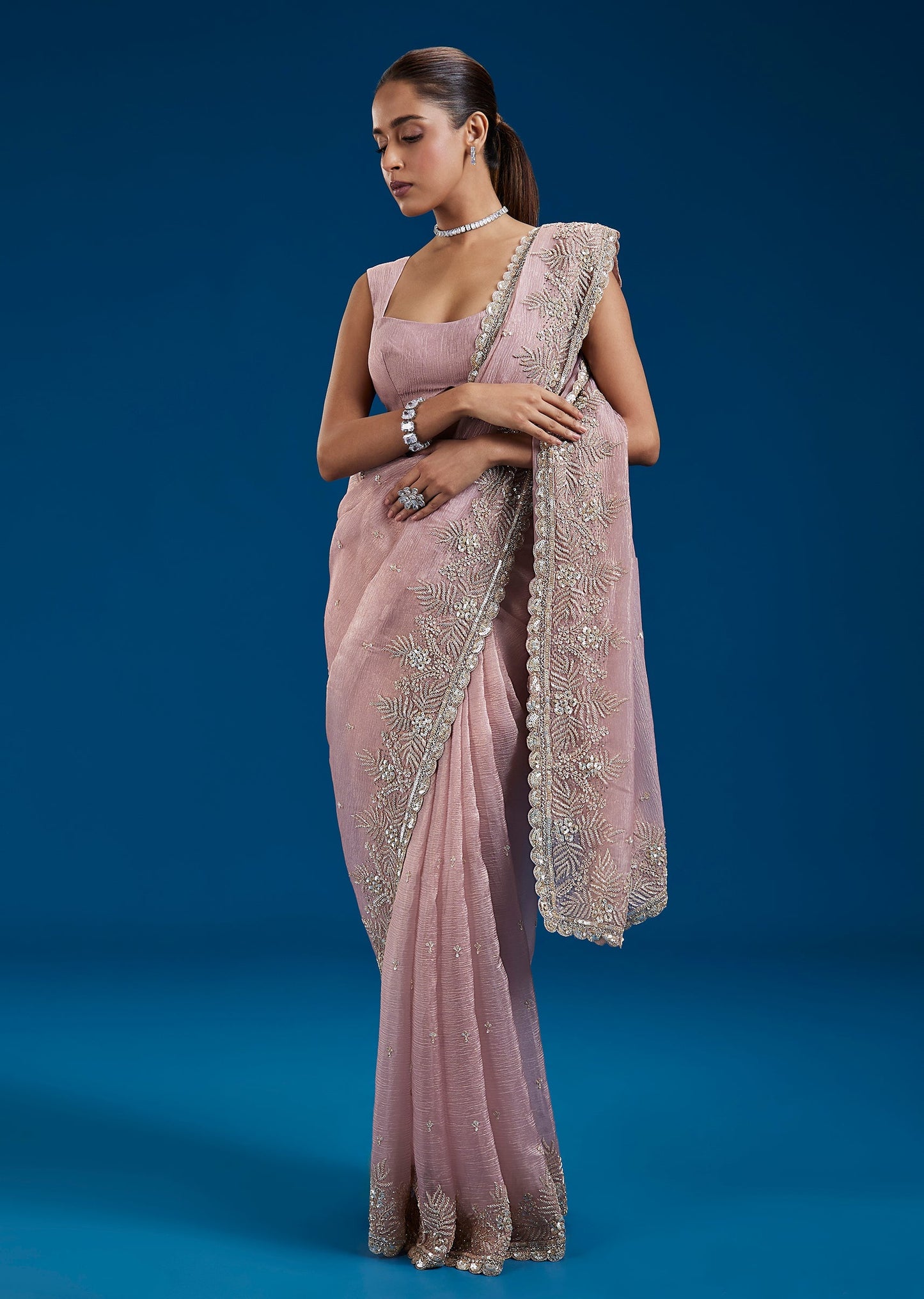 Pink Crushed Tissue Saree With Cutdana Sequins Border