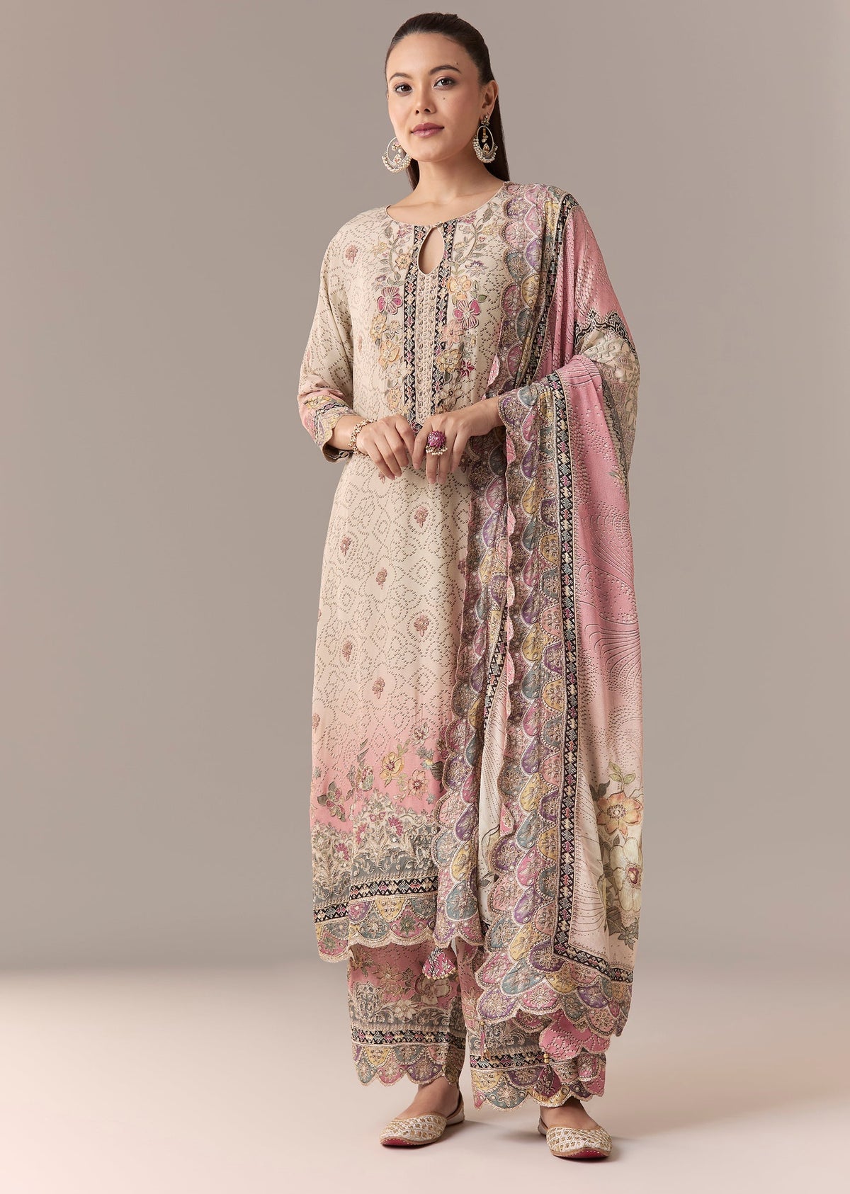 Pink Ombre Printed Kurta Set With Pant And Dupatta