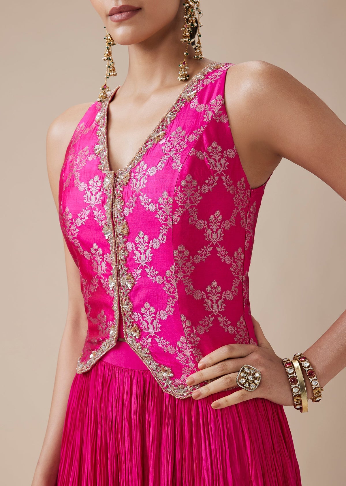Pink Pure Banarasi Waistcoat Lehenga Choli