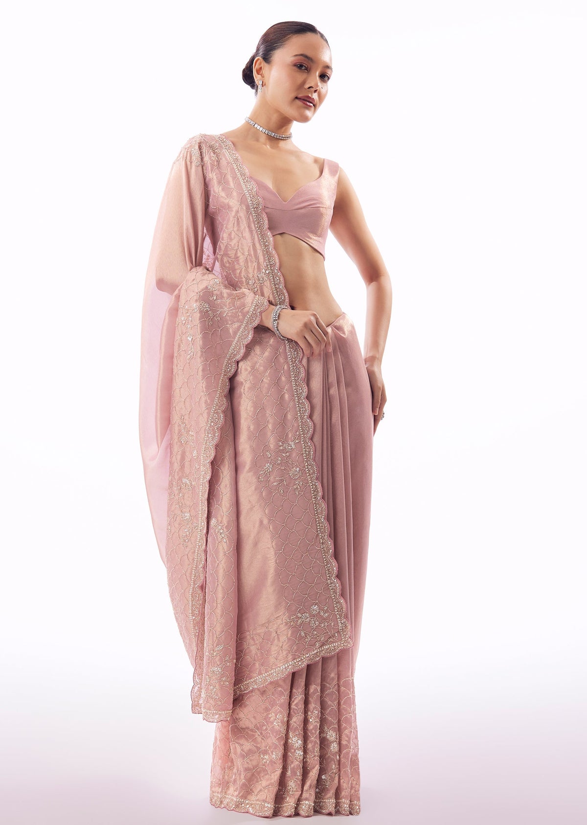 Pink Tissue Saree With Scallop Border And Floral Cutdana Embroidery