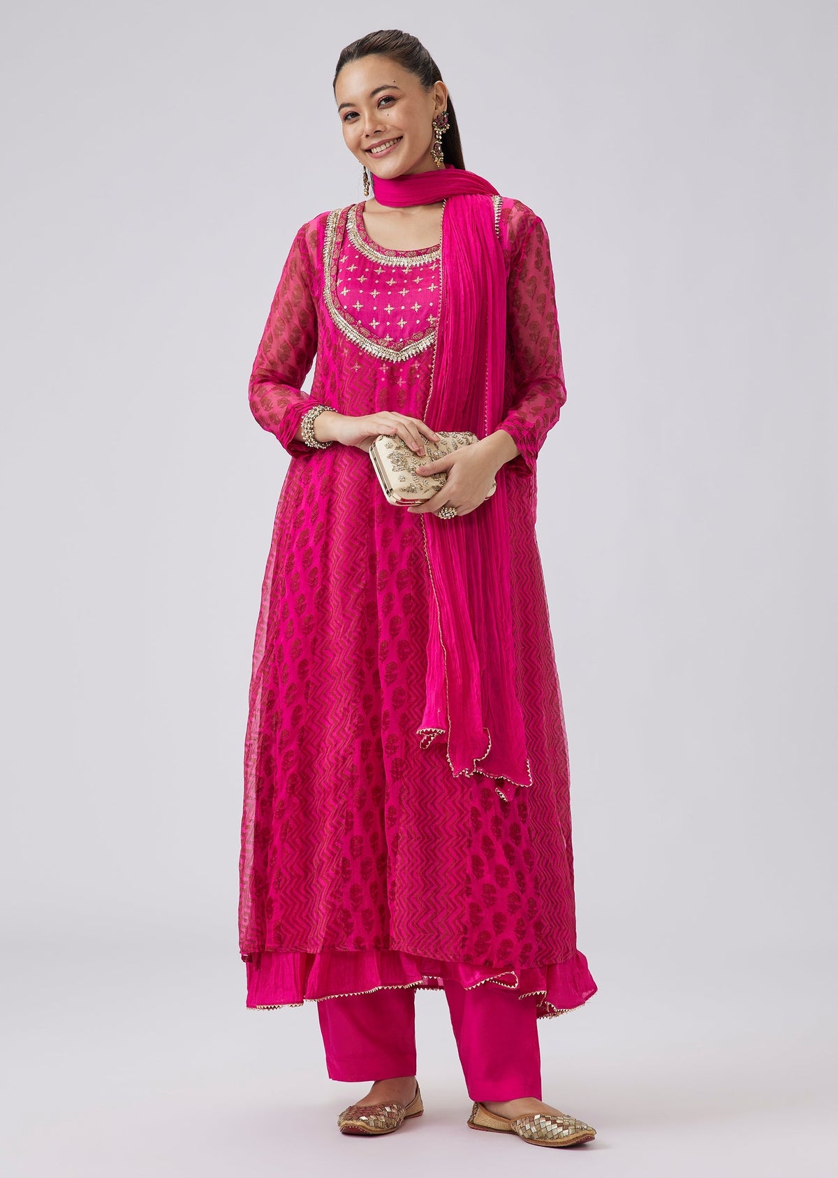 Pink Zardosi And Mirror Embroidered Anarkali With Palazzo
