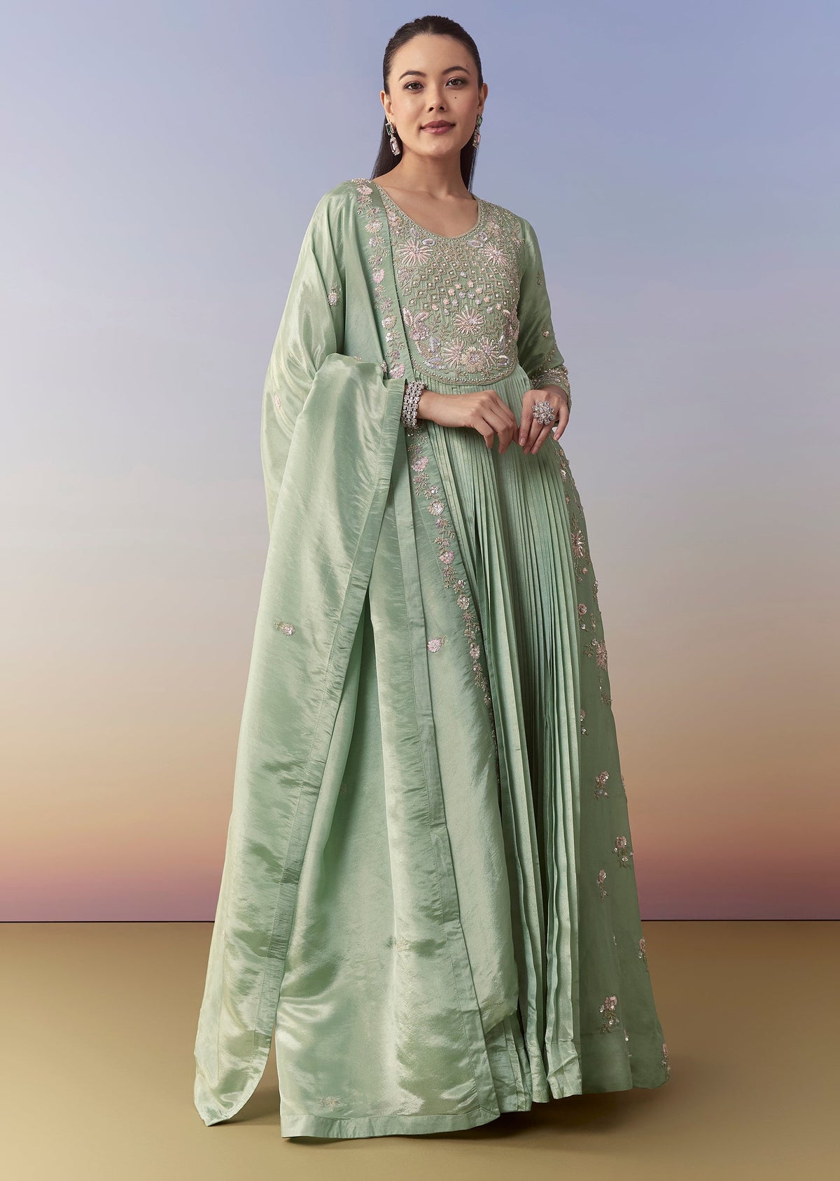 Pista Green Anarkali Set with Front Pleats