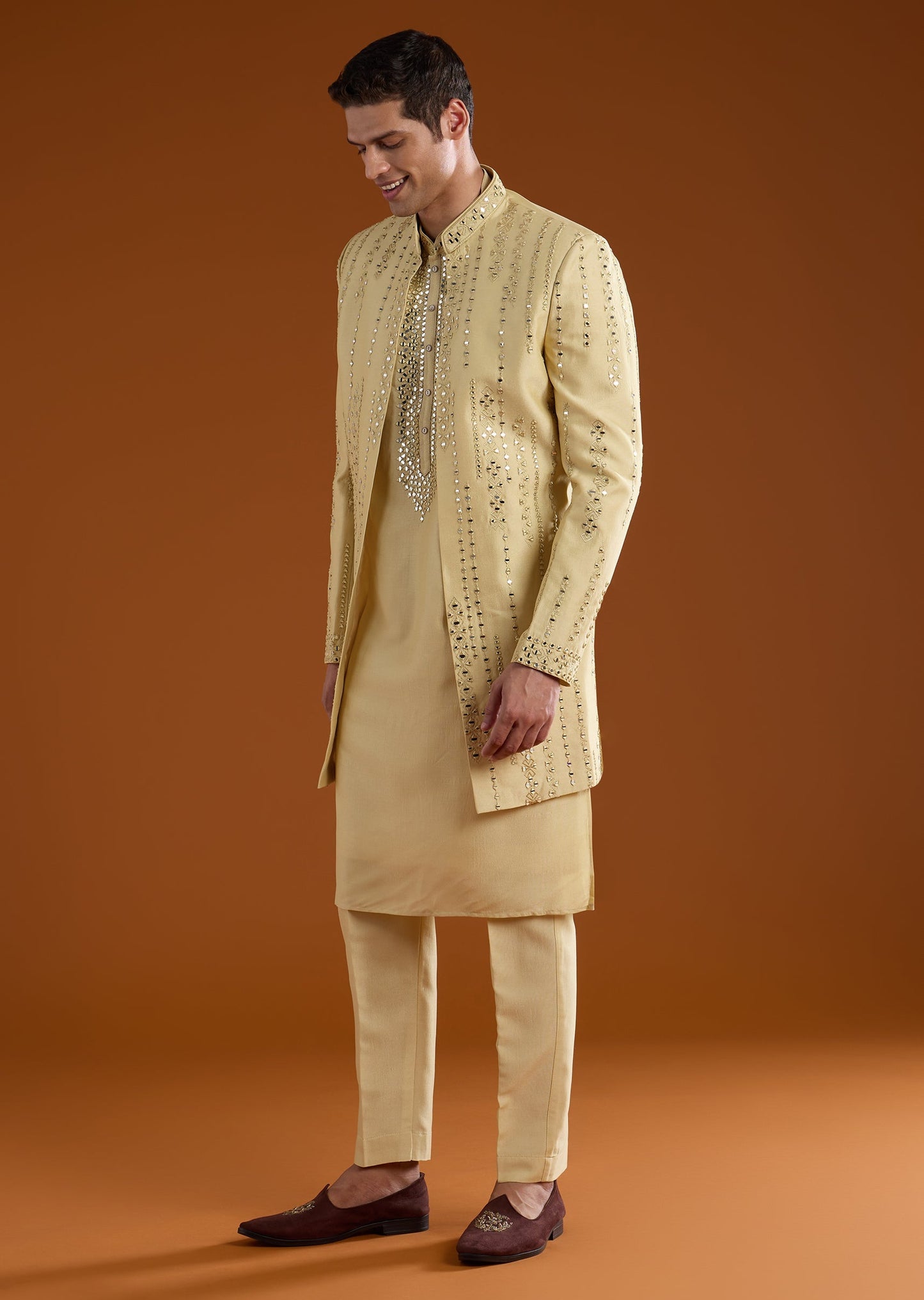 Pista Green Silk Indowestern Kurta Set with Resham Work
