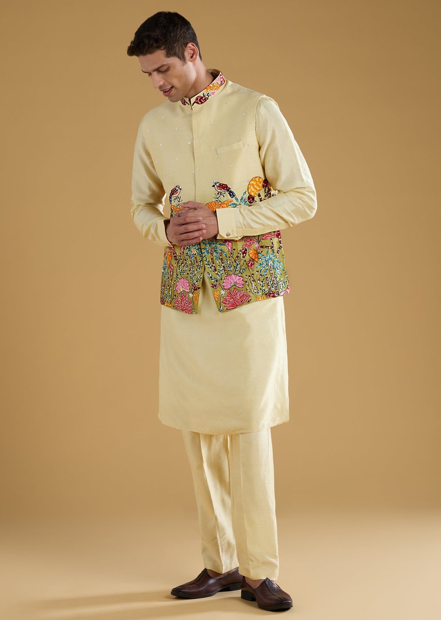 Pista Green Thread Embroidered Jacket and Kurta Set
