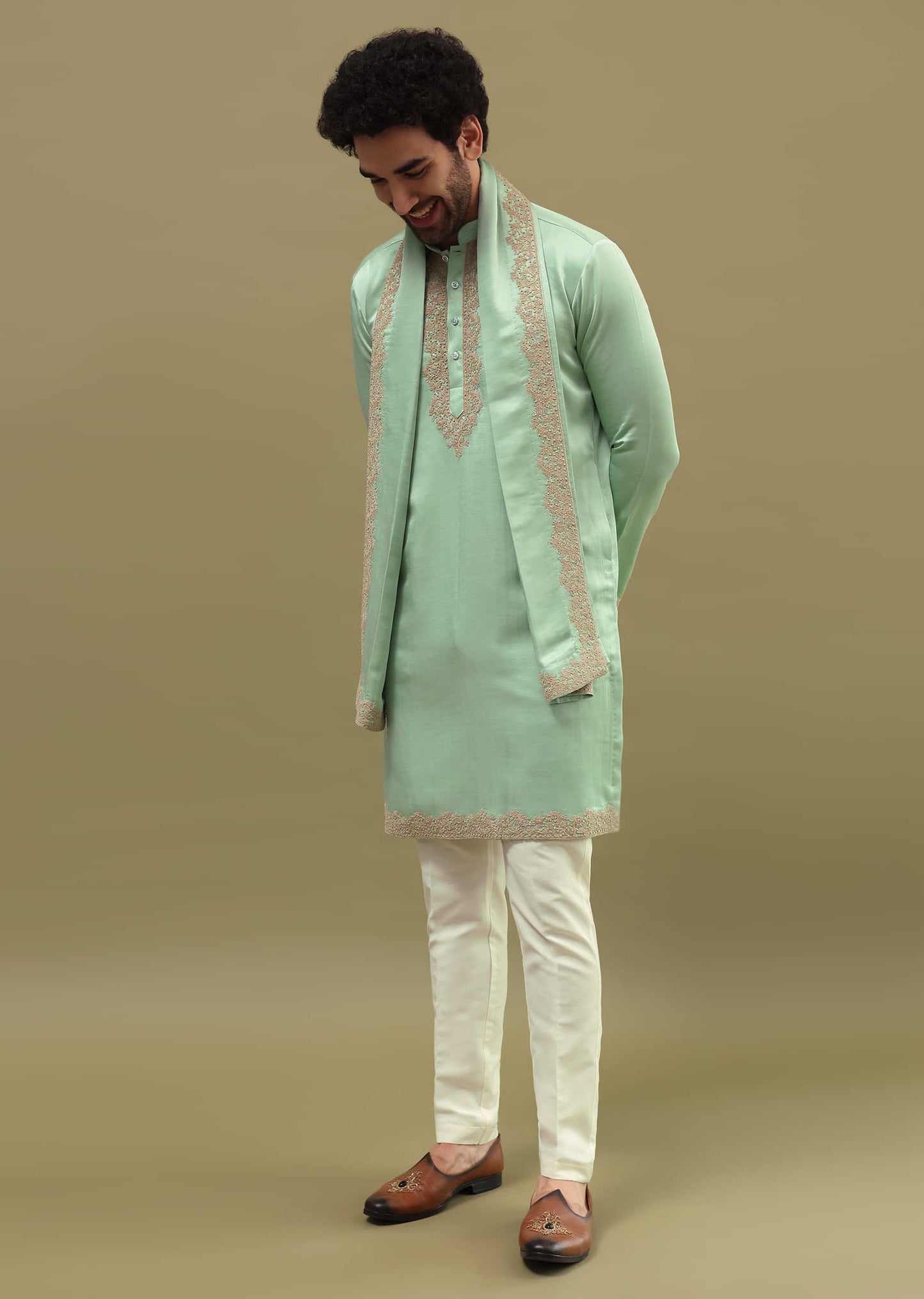 Pista Green Kurta Set In Resham Work With Dupatta For Men