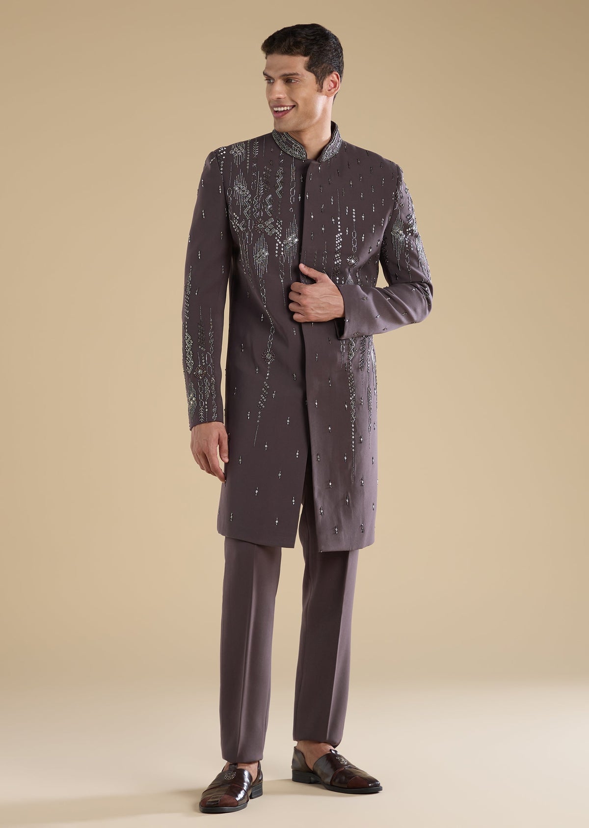 Purple Embellished IndoWestern Set With Pants