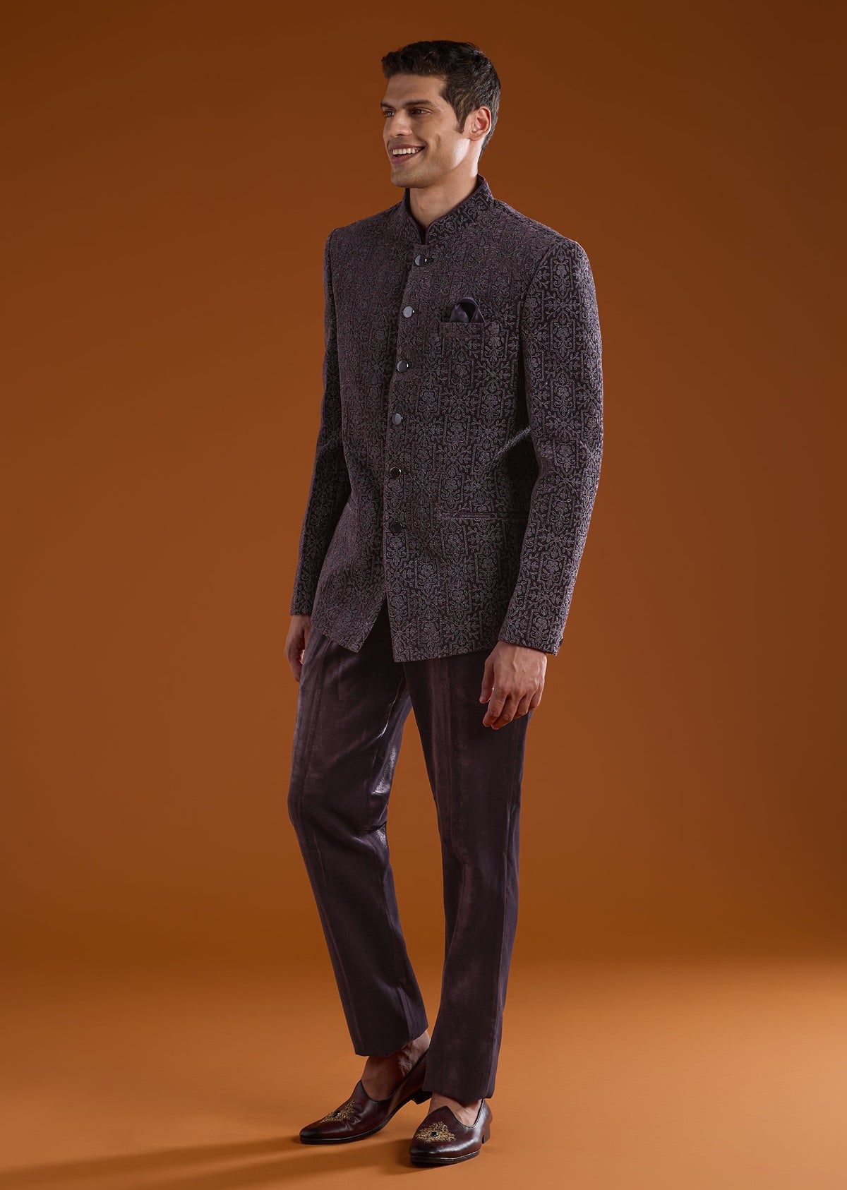 Purple Velvet Jodhpuri and Pant Set