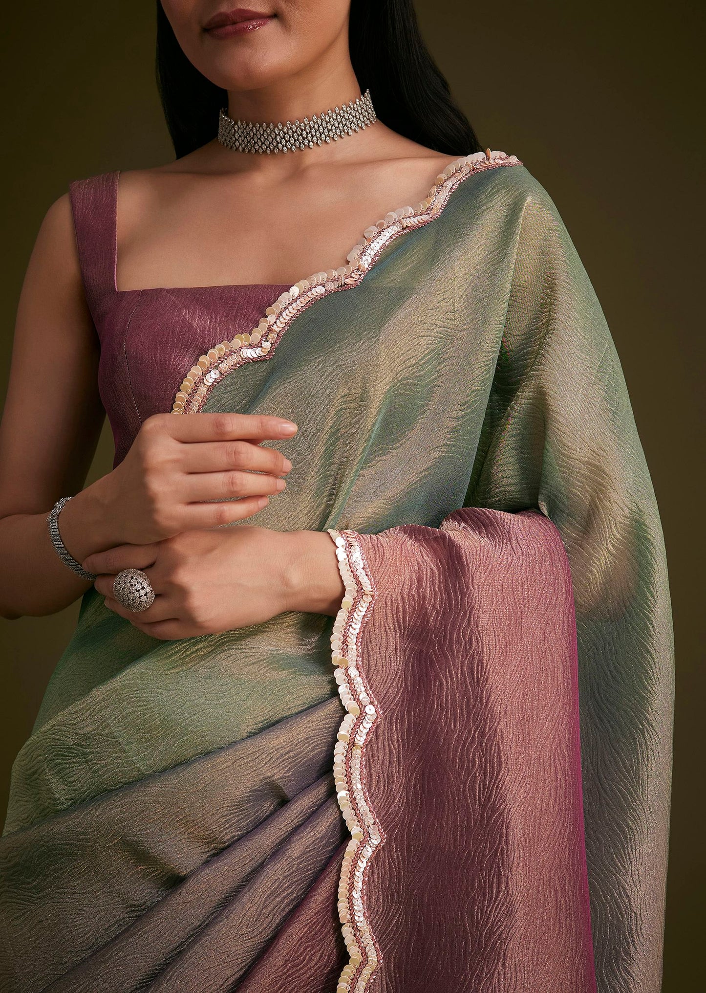 Purple Ombre Tissue Saree With Scallop Border