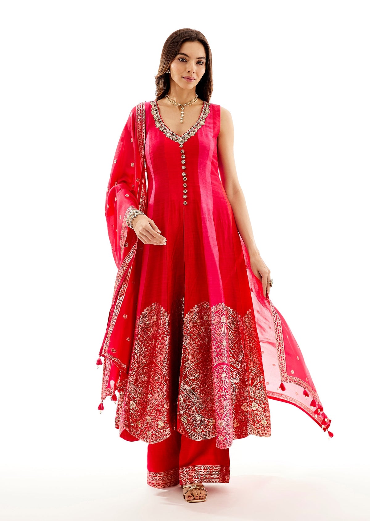 Rani Pink Banarasi Silk Anarkali And Dupatta With Zardosi Neck Work
