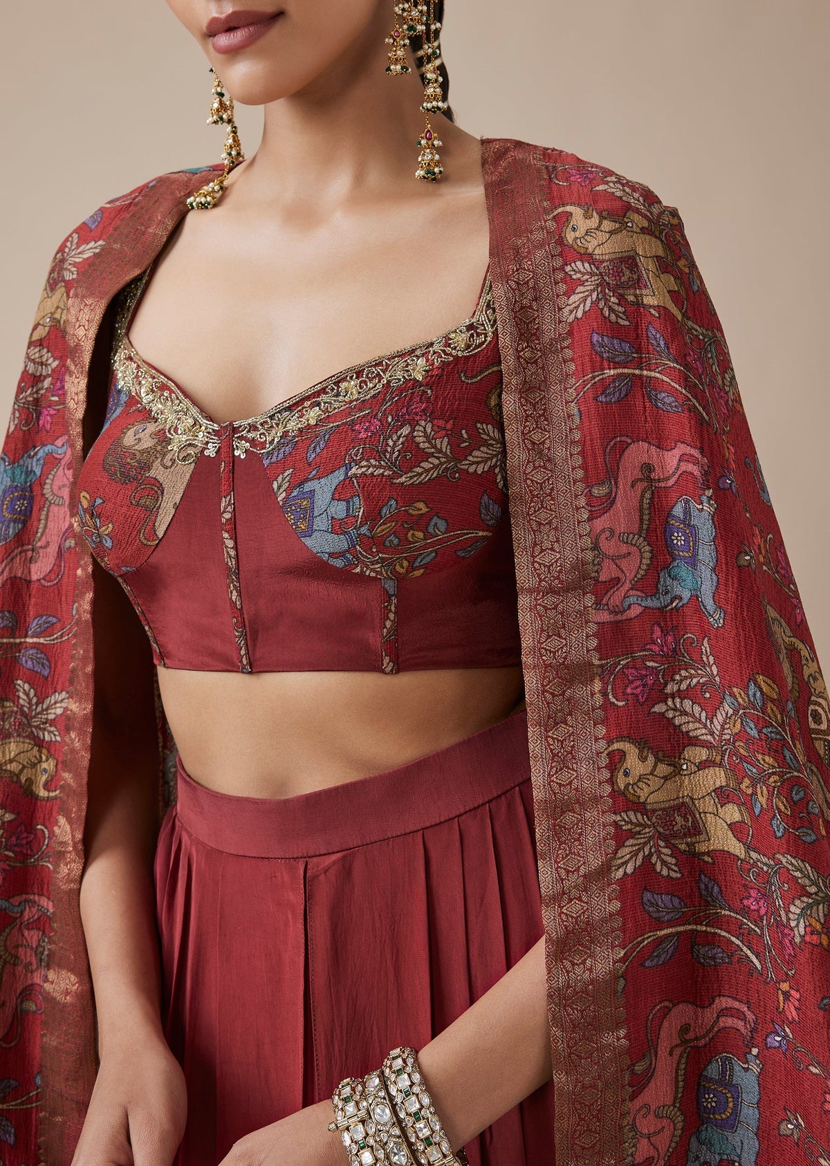 Red Banarasi Dhoti Pants And Cape Set
