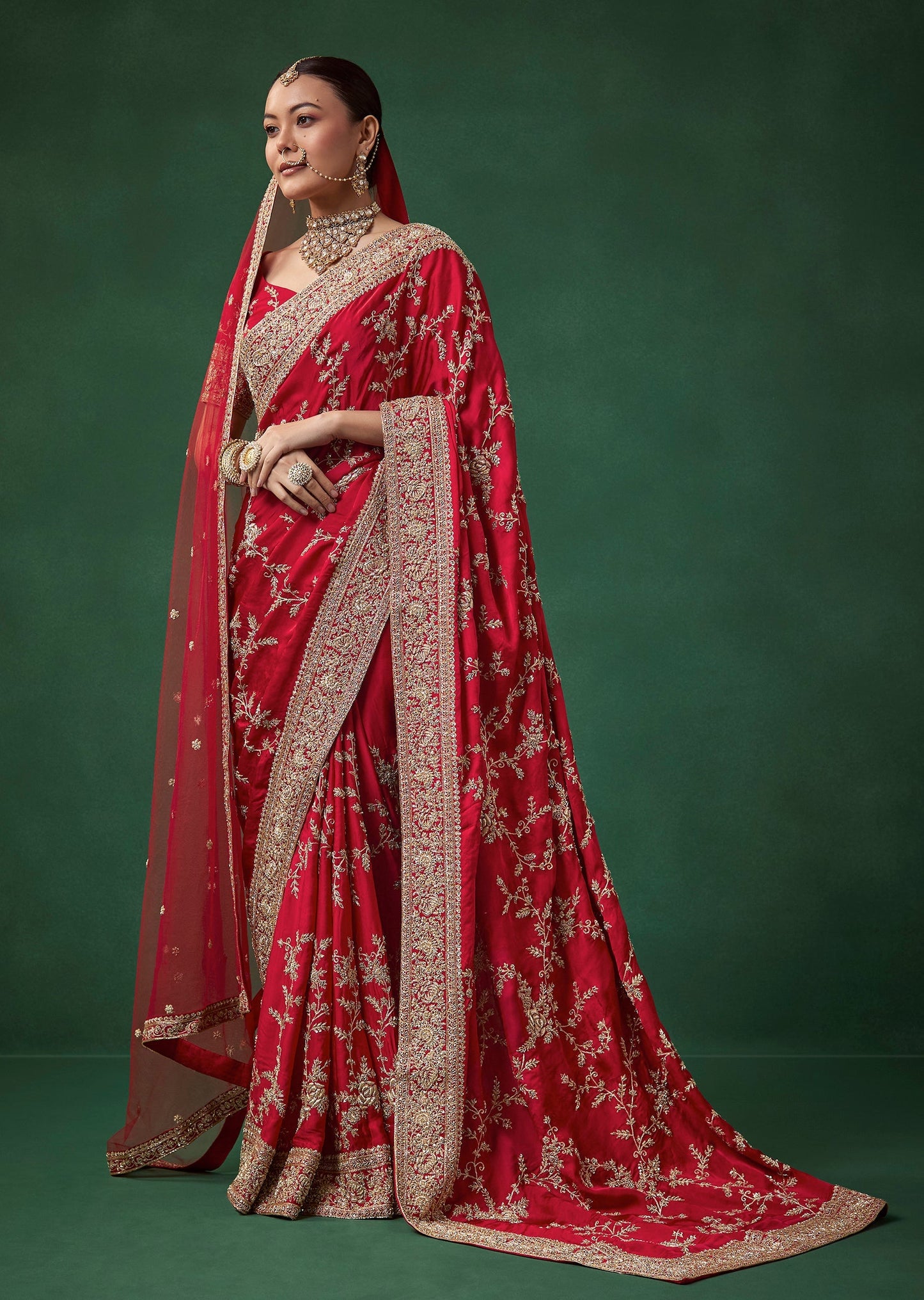 Red Bridal Soft Silk Embroidered Saree with Unstitched Blouse