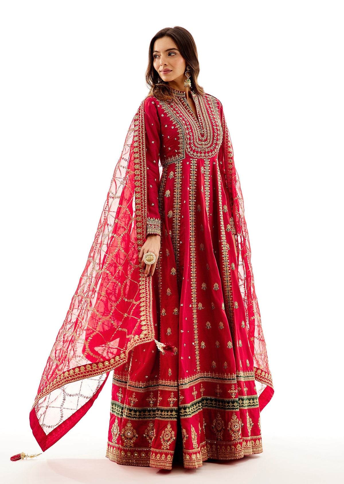 Red Floor Length Anarkali With Zari Embroidery