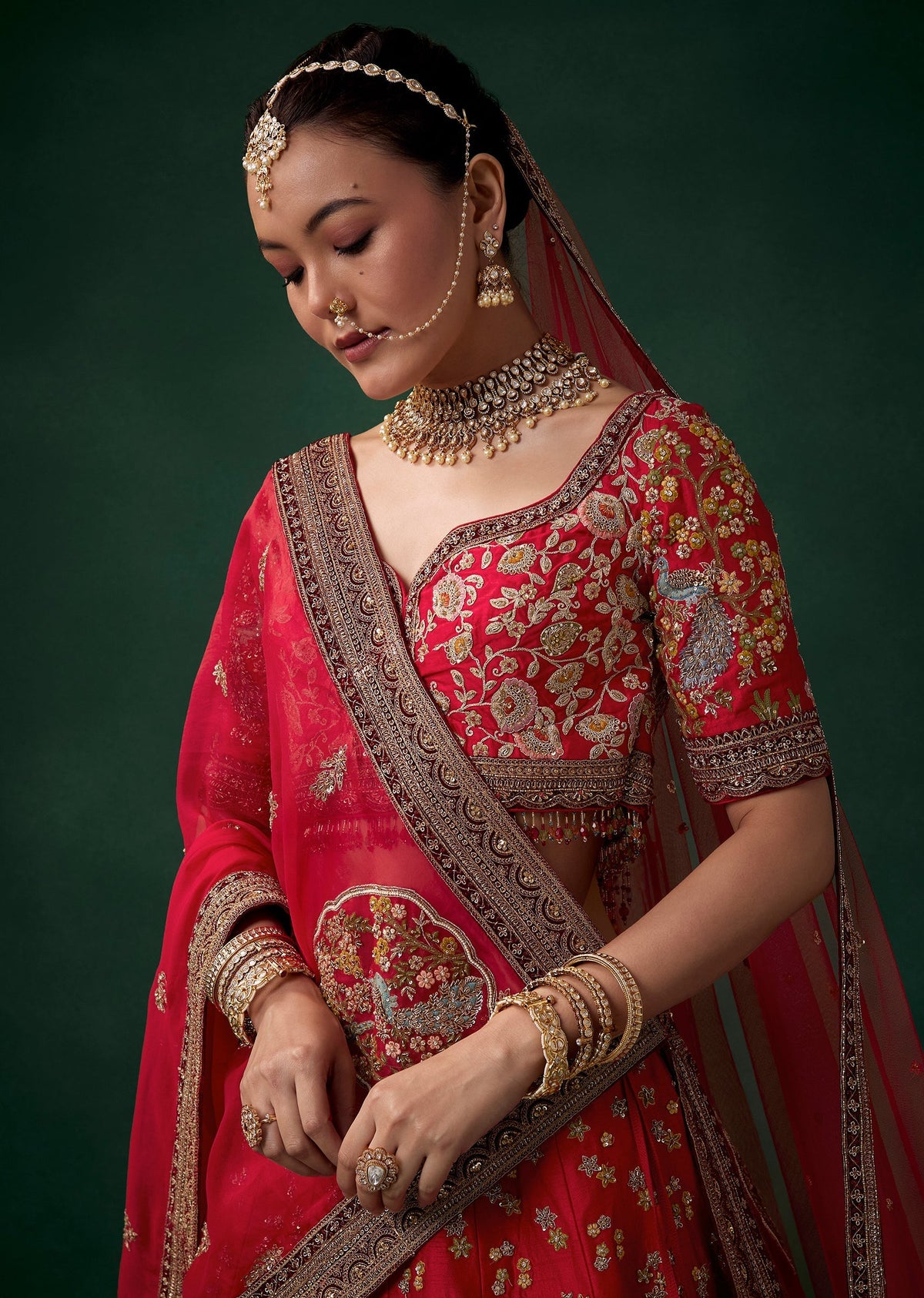 Red Floral Motif Embroidered Bridal Lehenga Sets