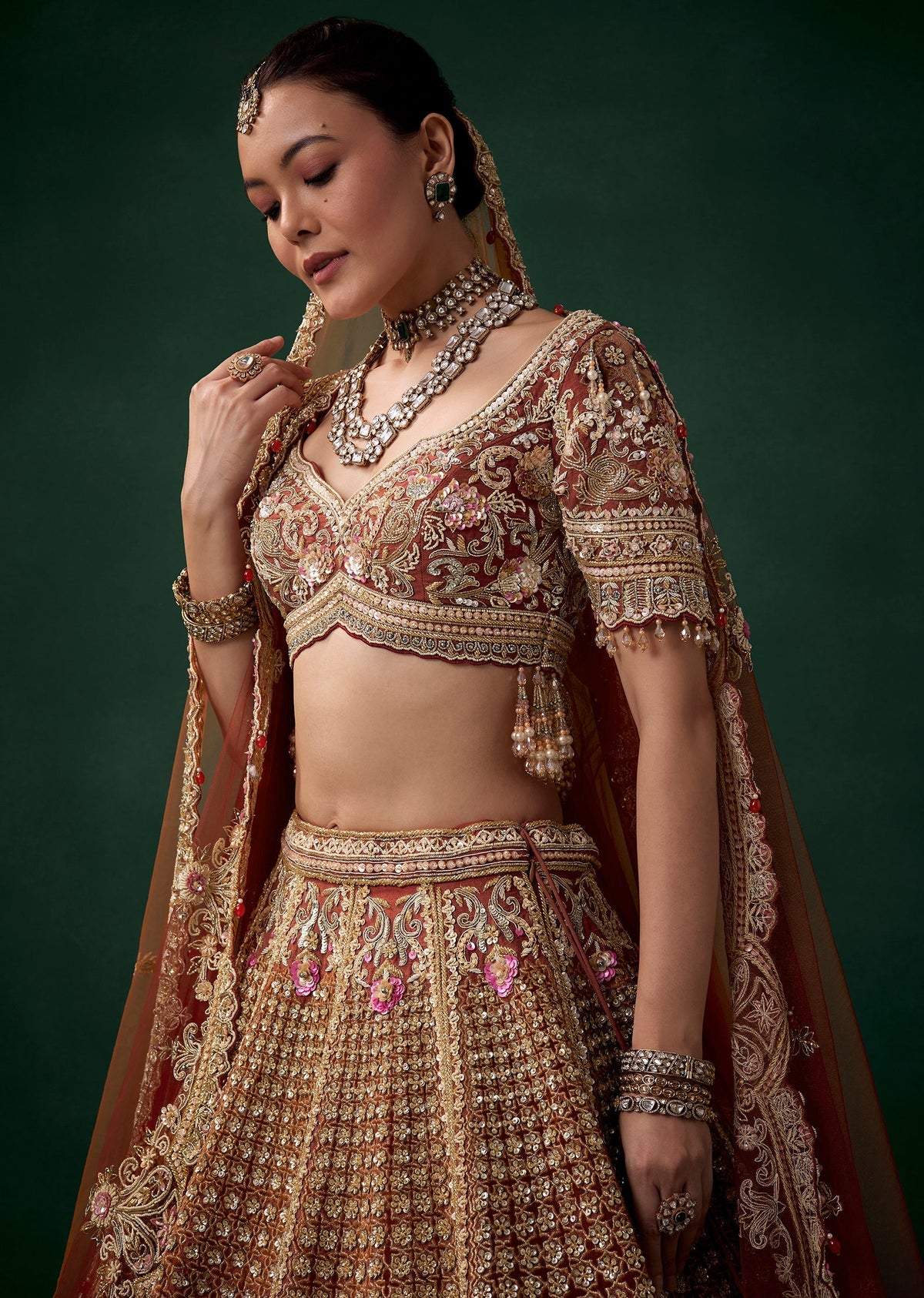 Rust Velvet Patchwork Bridal Lehenga Set with Two Dupattas