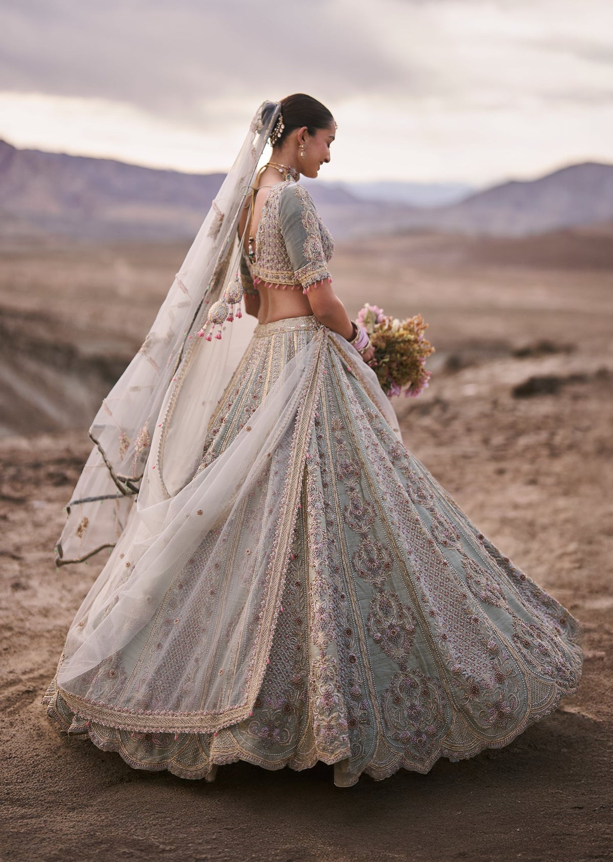 Sage Green Raw Silk Bridal Lehenga With Zardosi Embroidery