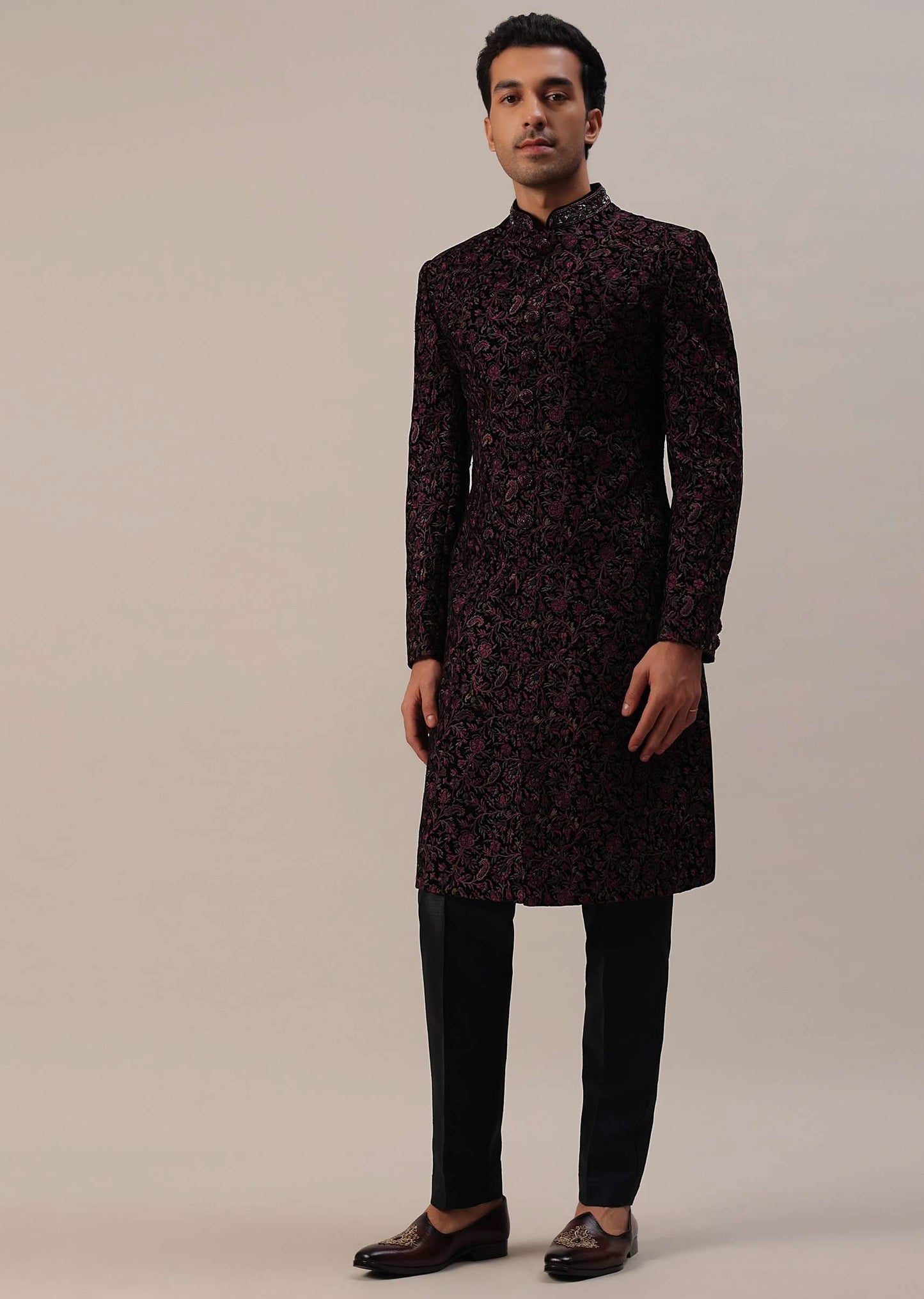 Cherry Red Embroidered Sherwani Set In Velvet