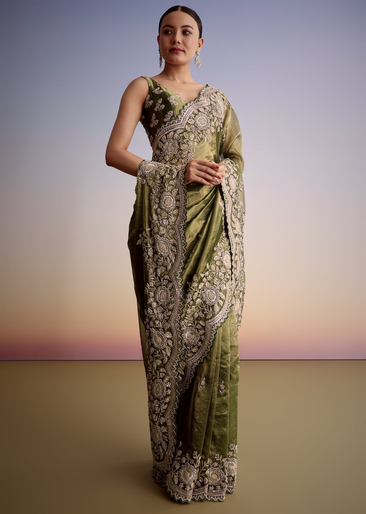 Green Tissue Elegance Couple Set – Olive Green Tissue Saree for Her And Green Tissue Kurta Set for Him