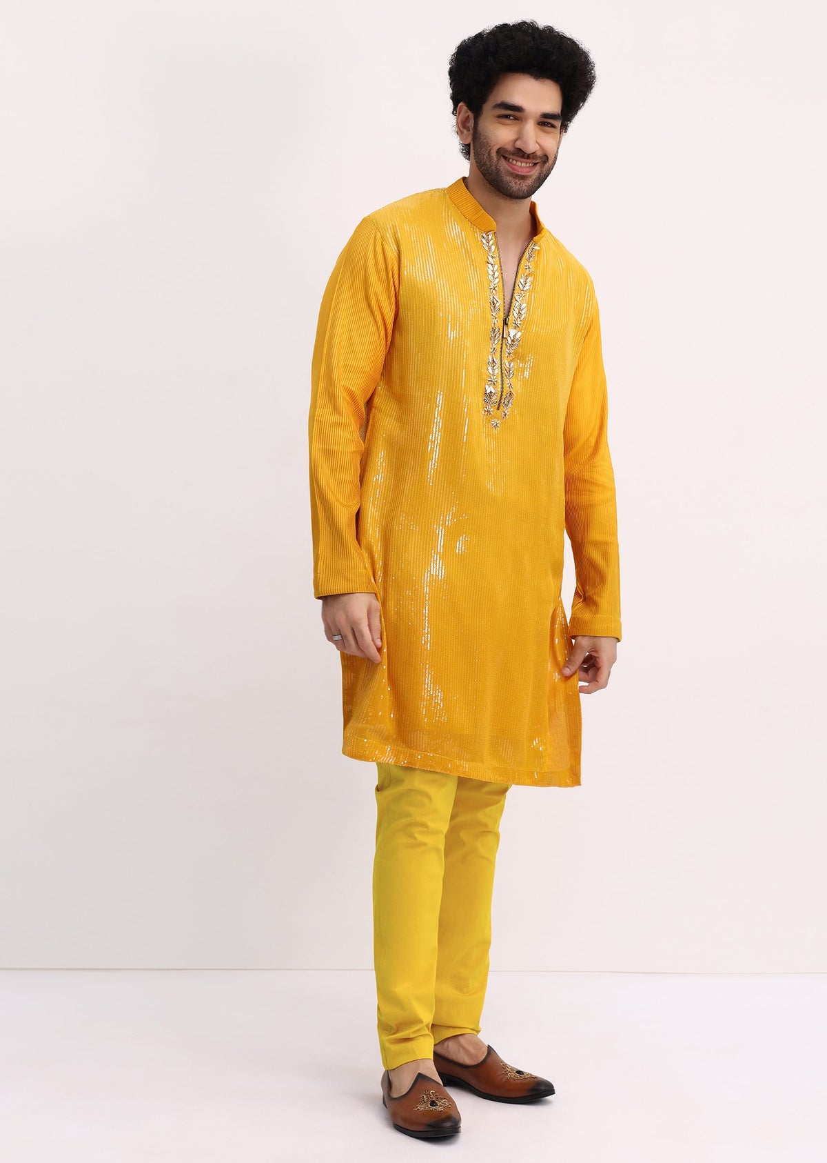 Yellow Shaded Sequin Zipper Kurta With Yellow Pants