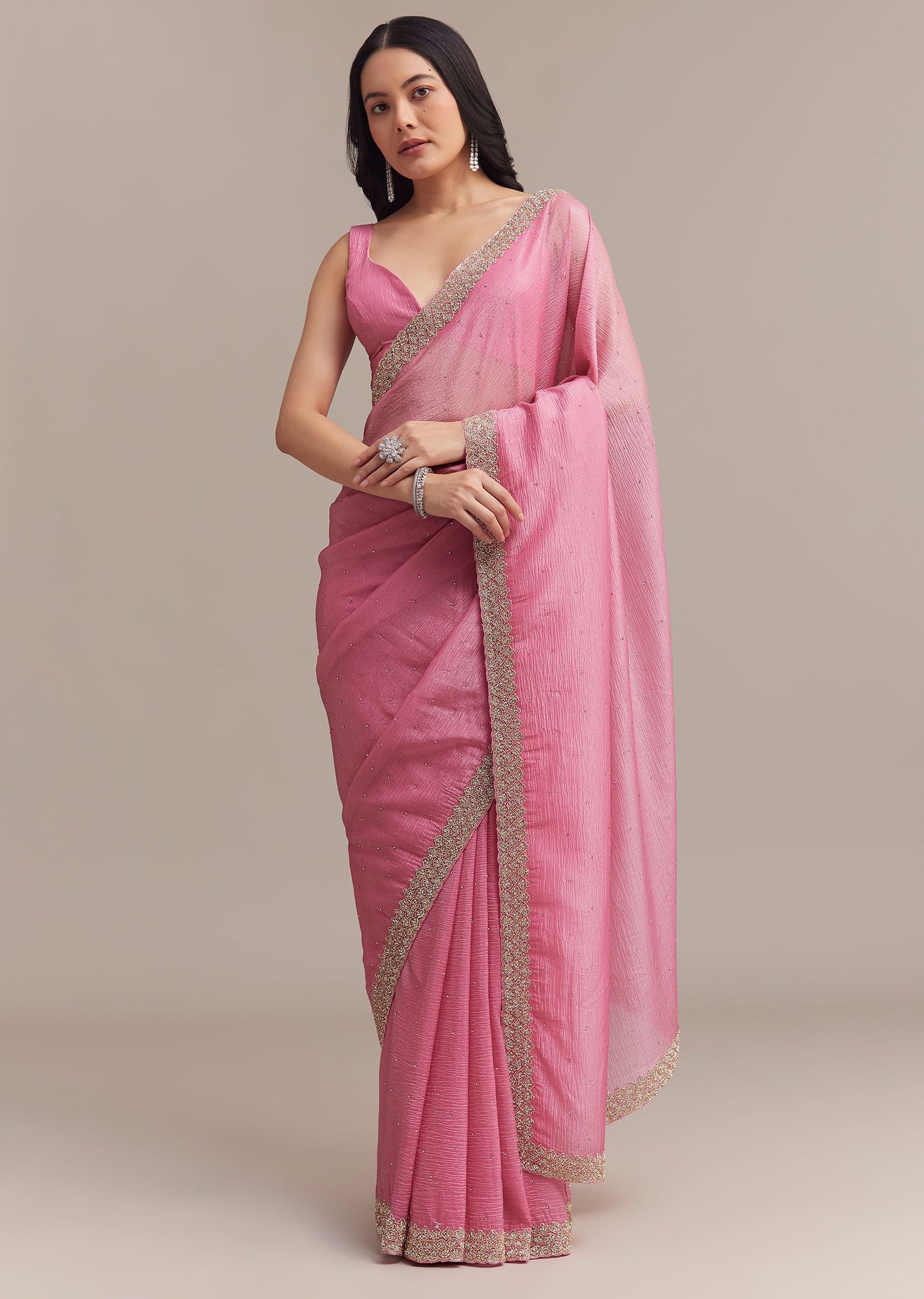 Baby Pink Crushed Tissue Saree With Embellished Border
