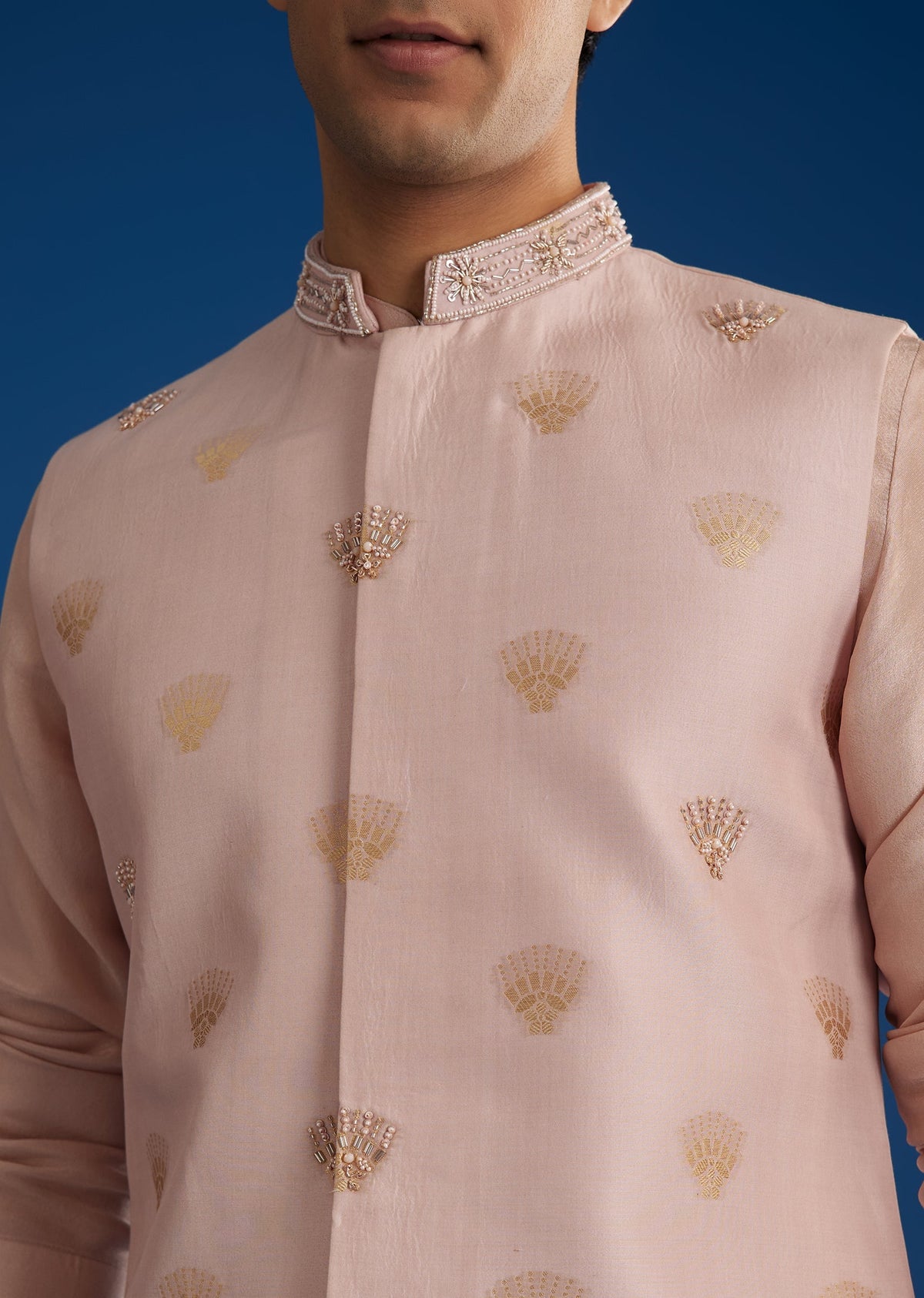 Peach Banarasi Embroidered Bandi Kurta Set