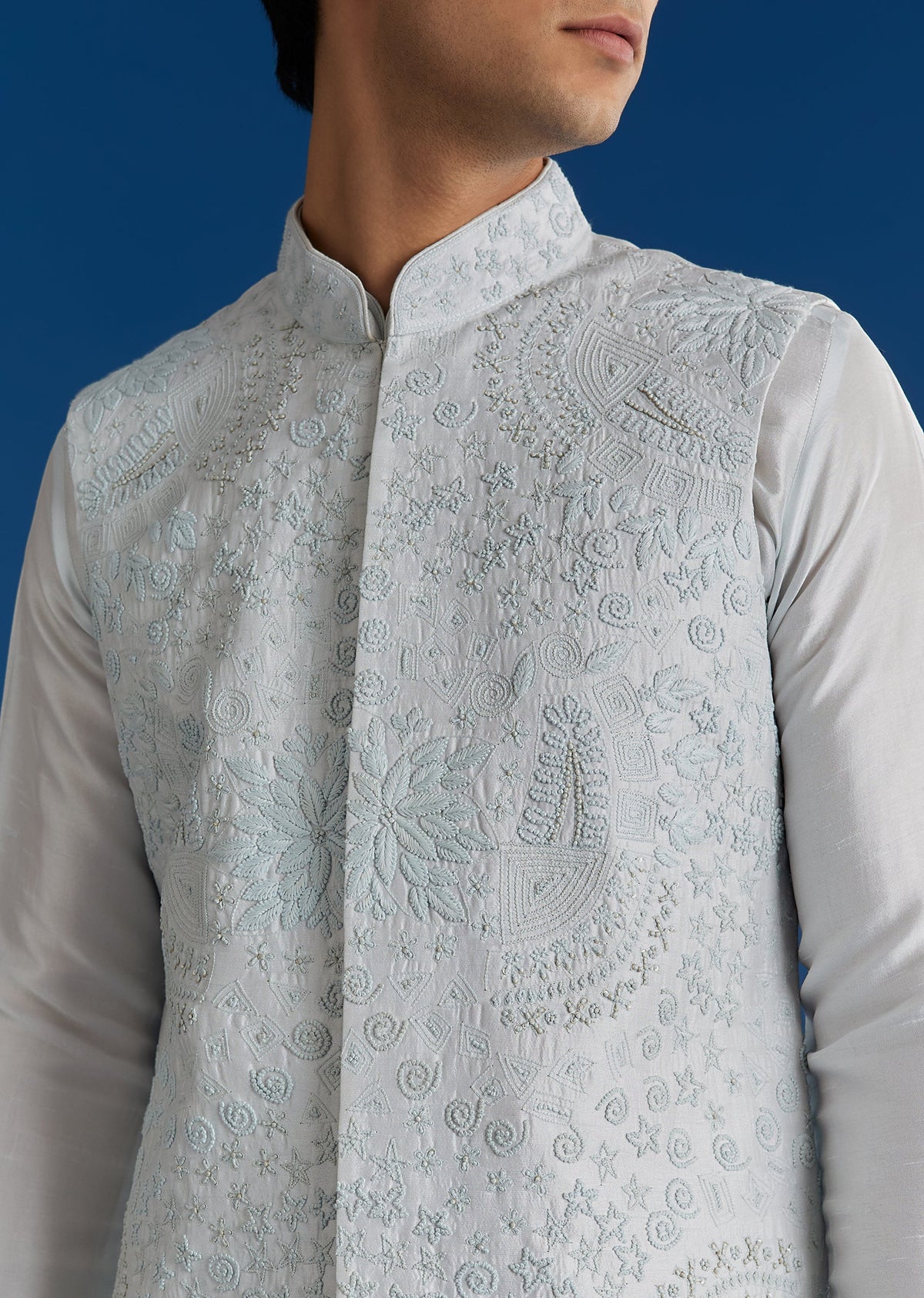 Sky Blue Silk Embroidered Jacket Kurta Set