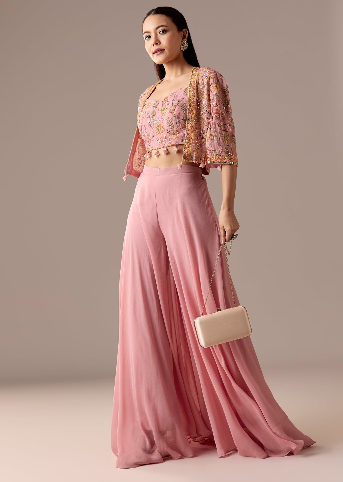 Festive Couple Set – Pink Embellished Cape Palazzo Set for Her And Blue Silk Kurta Set with Resham Embroidery for Him