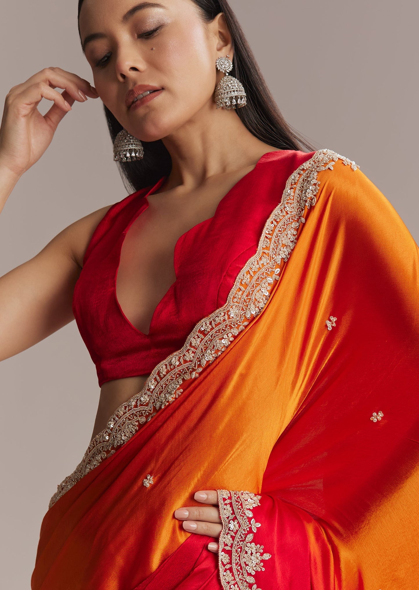 Fiery Festive Couple Set – Orange And Red Chinon Saree With Sequin And Bead Embroidery For Her And Red Ombre Kurta Set With Mirror Work For Him