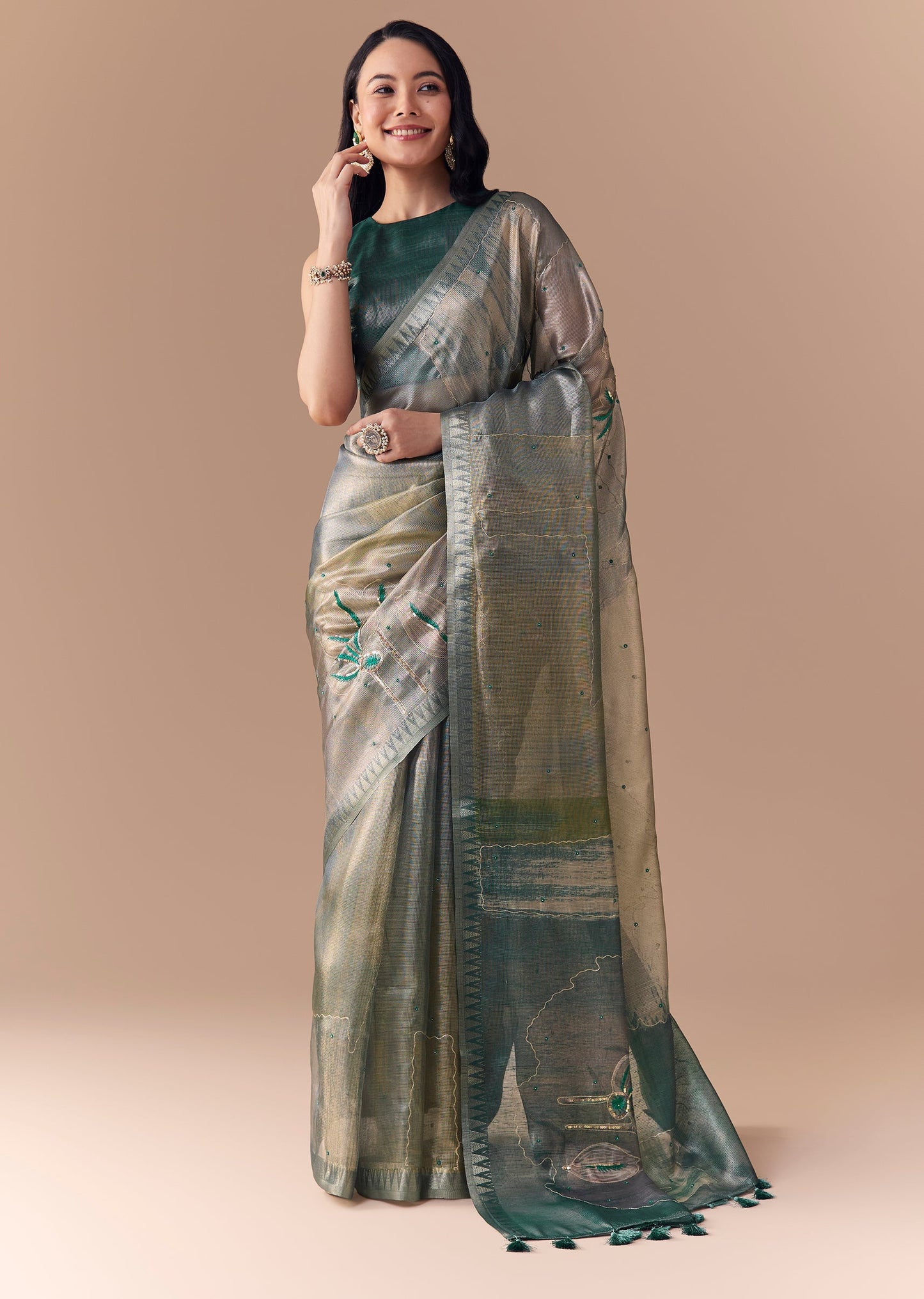 Graceful Couple Set – Teal Green Organza Silk Saree For Her And Green Modal Kurta Set With Hand Embroidery For Him