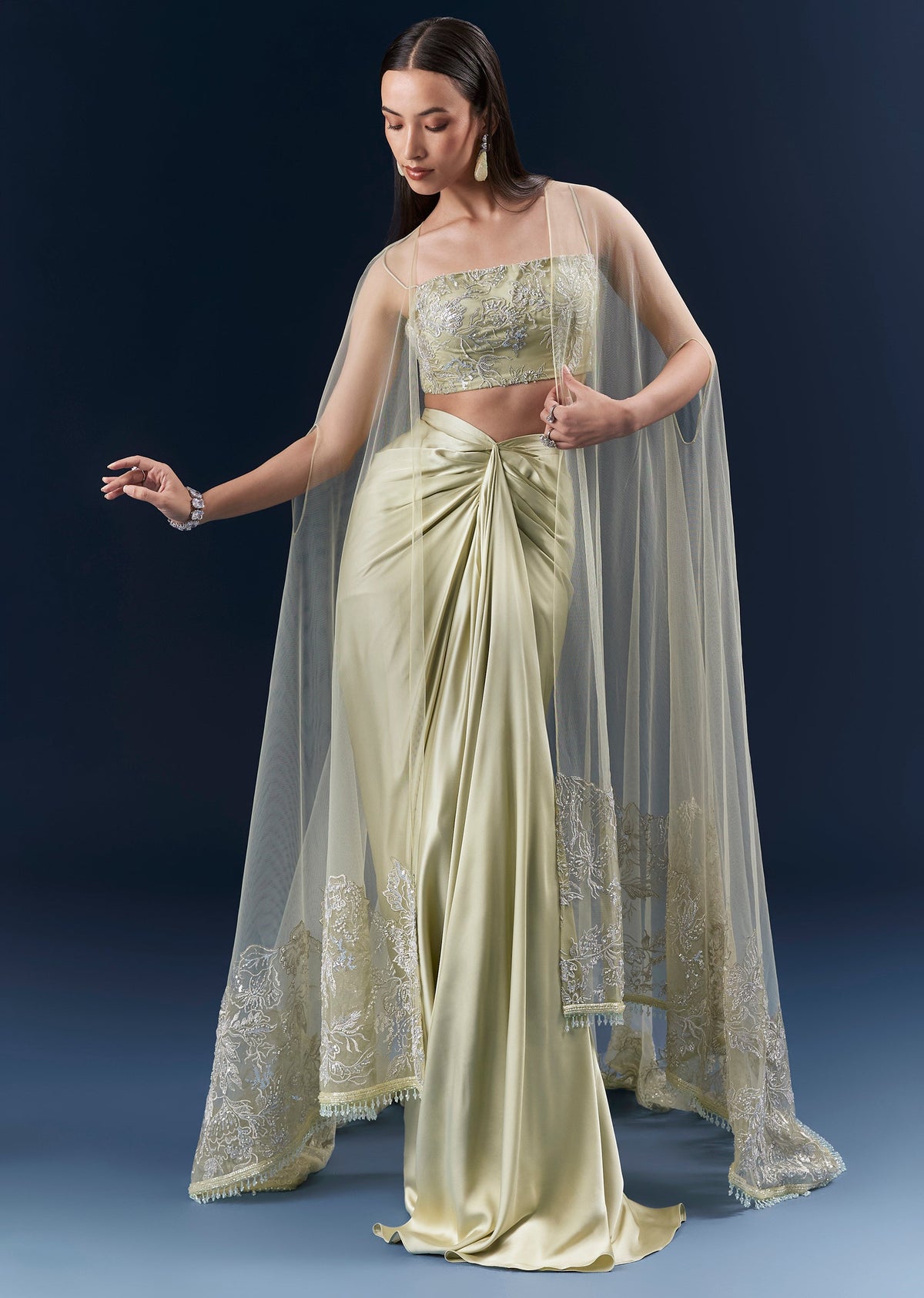 Green Festive Duo – Satin Crop Top Skirt Set For Her And Tussar Jodhpuri Set For Him