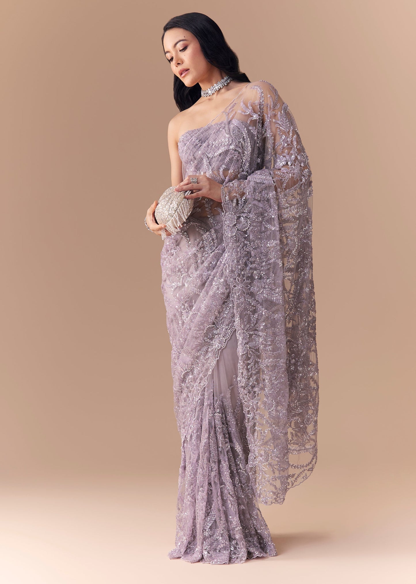 Lavender Net Floral Work Saree with Unstitched Blouse