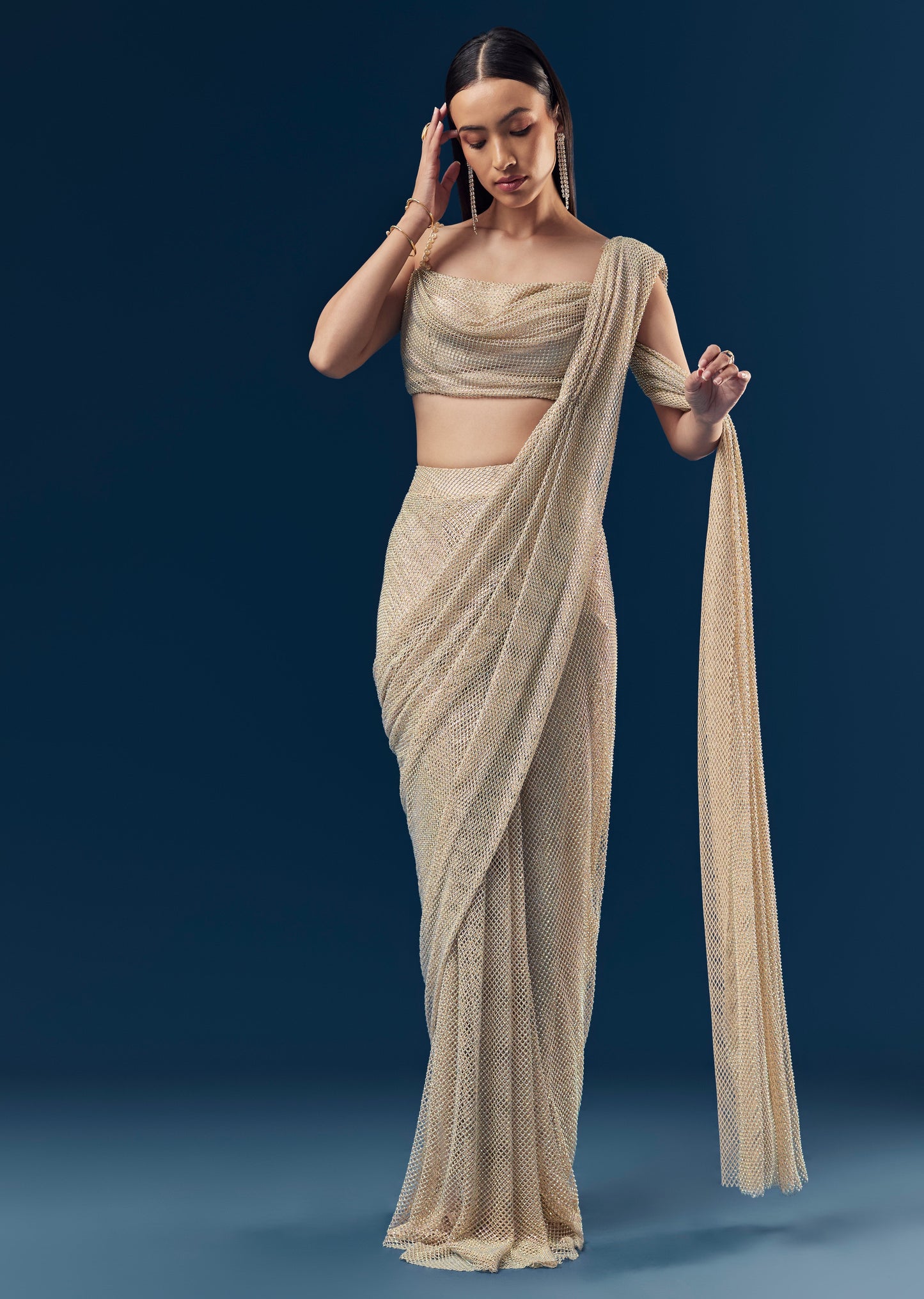 Grand Celebration Couple Set – Gold Ready-Pleated Satin Saree with Stone Detailing for Her And Beige Embroidered Kurta Jacket Set for Him