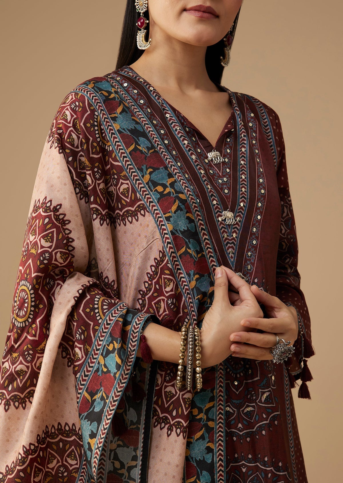 Maroon Silk Celebration Duo – Printed Silk Kurta Pant Set For Her And Maroon Casual Kurta Set For Him