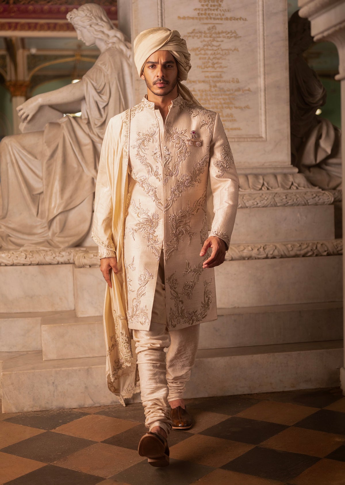 Gold Wedding Sherwani Set With Zardosi Work