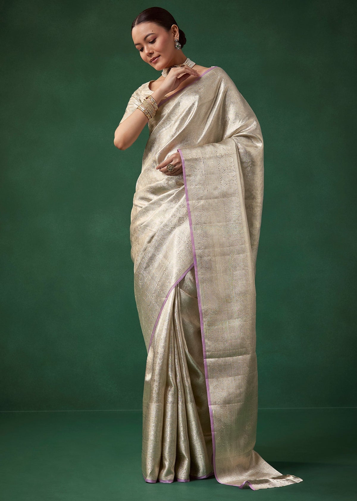 Silver Banarasi Jacquard Weave Saree with Unstitched Blouse