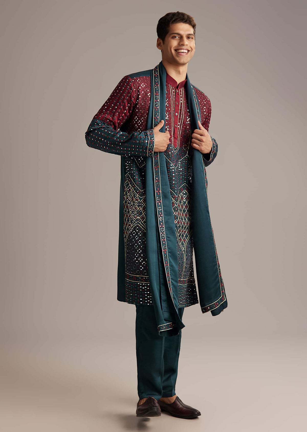 Teal Linen Kurta Set For Men With Mirror Work