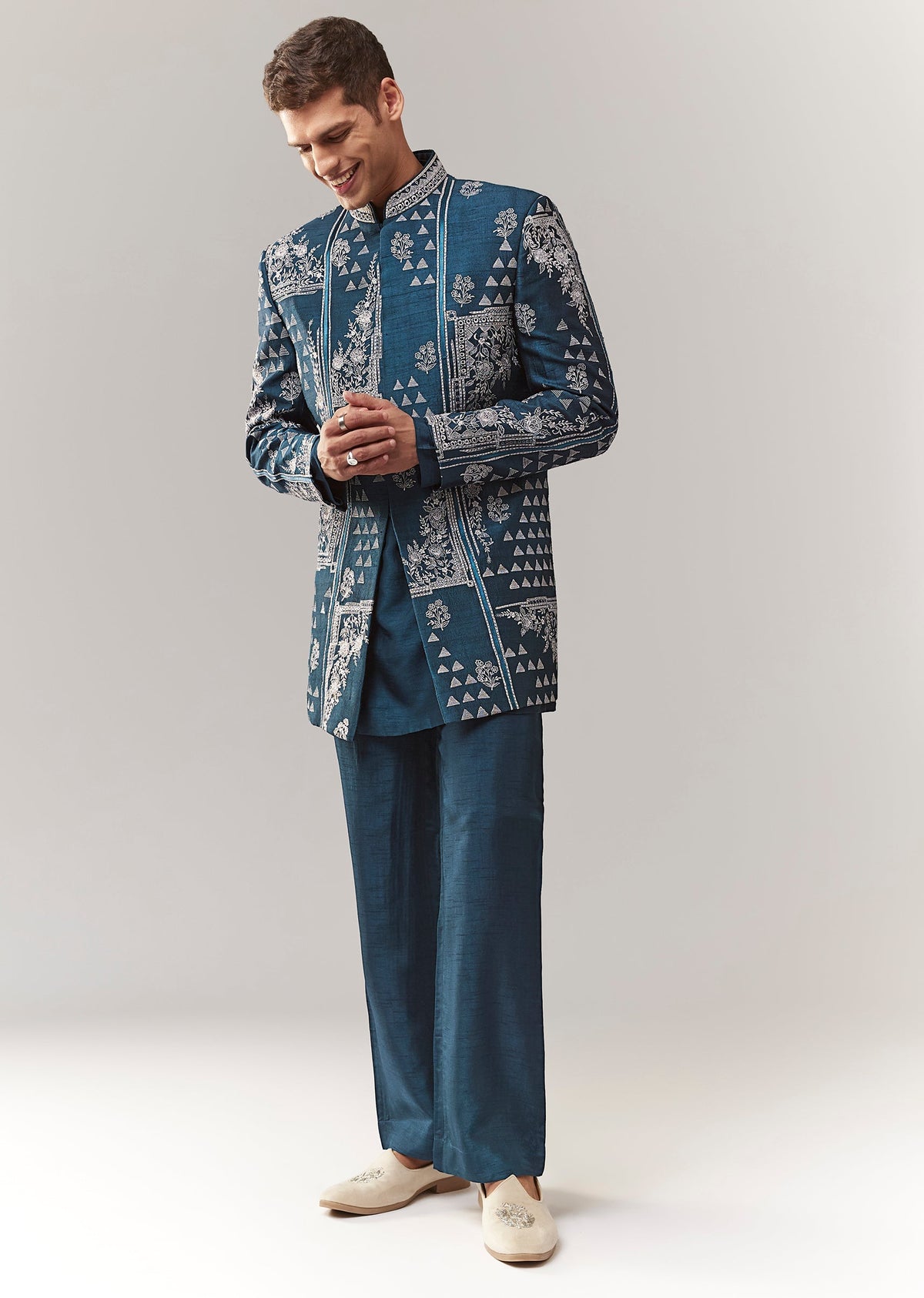 Teal Raw Silk Indo Western With Resham Work