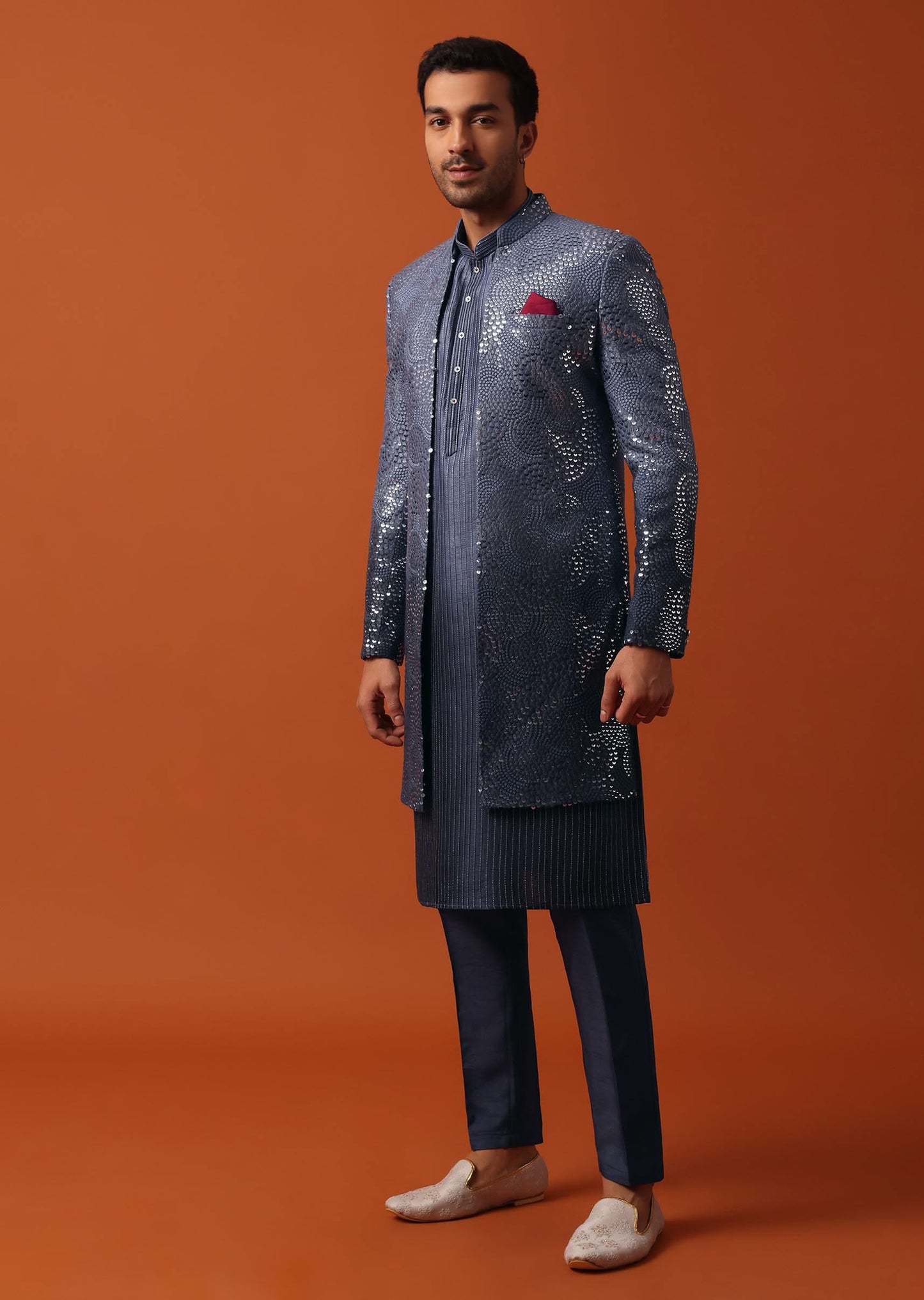 Timeless Blue Shaded Sherwani With Intricate Sequin Embroidery