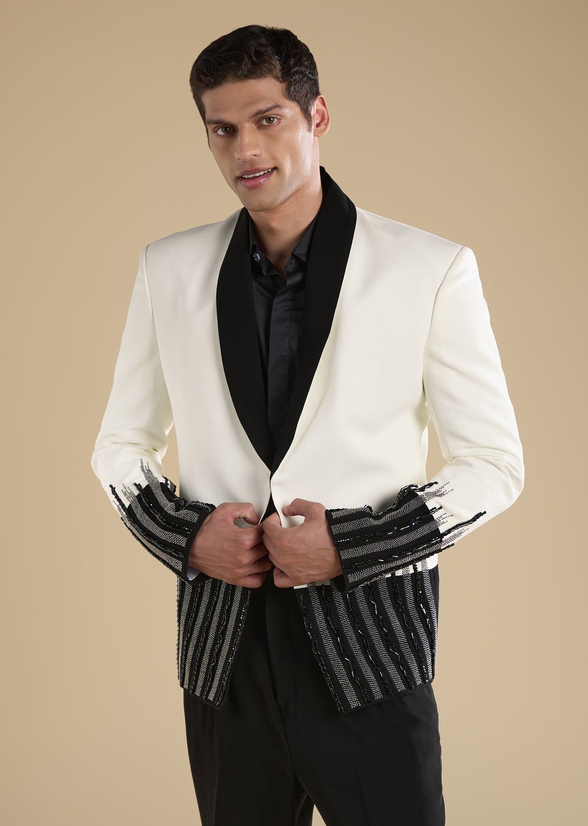 White Embellished Tuxedo Set With Shirt And Trousers