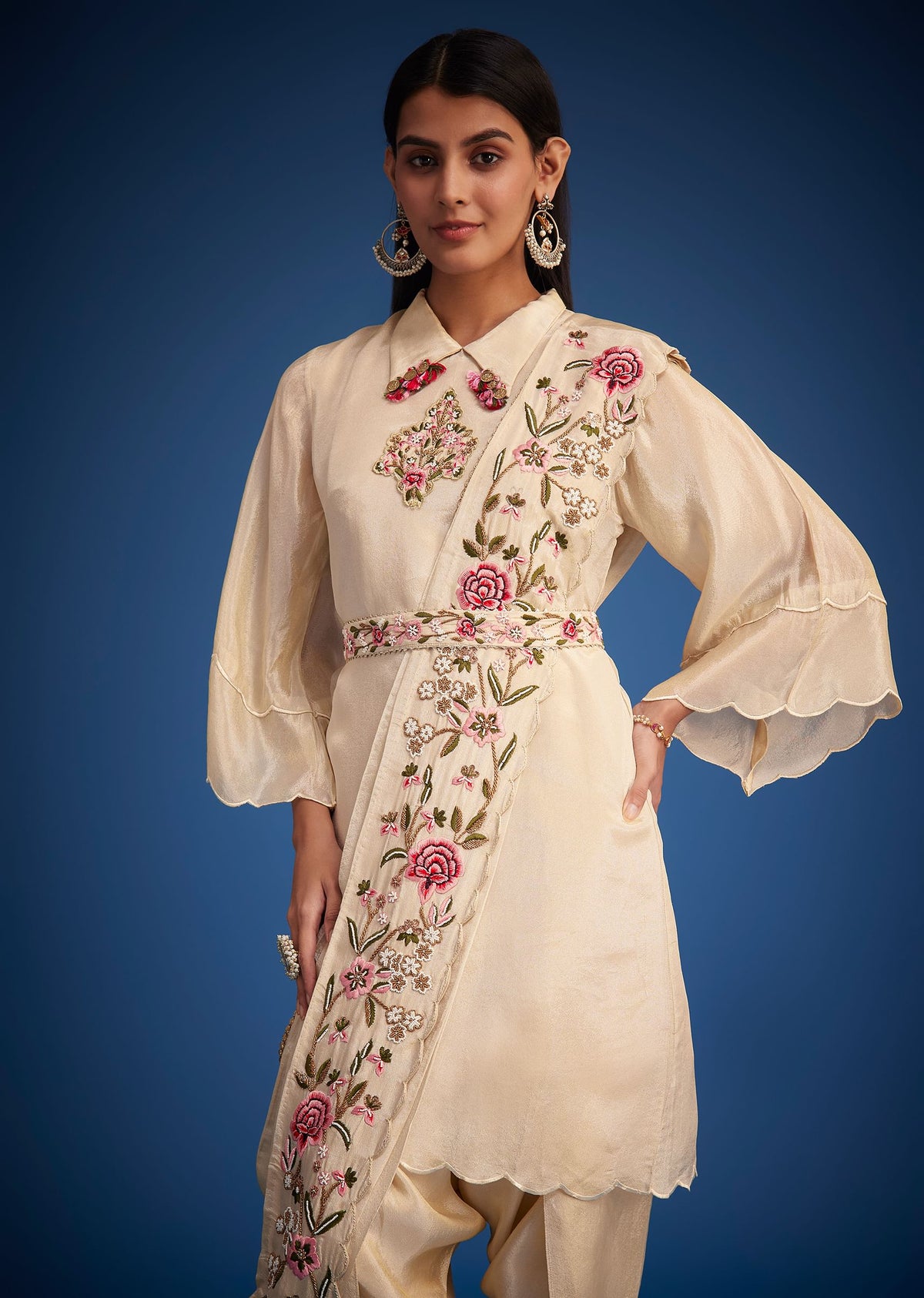 White Tissue Embroidered Dhoti Set