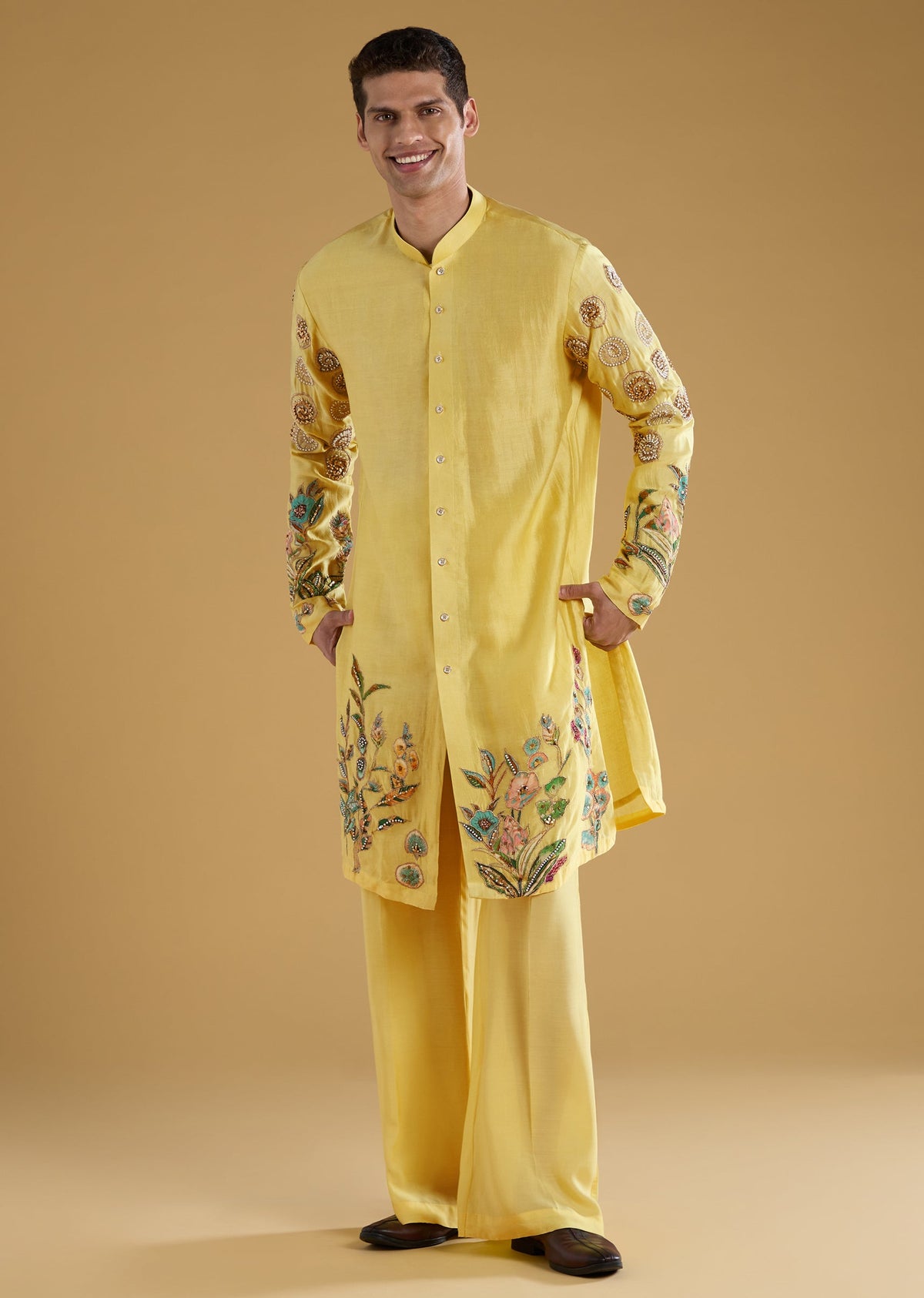 Yellow Chanderi Moti Work Mens Kurta Set