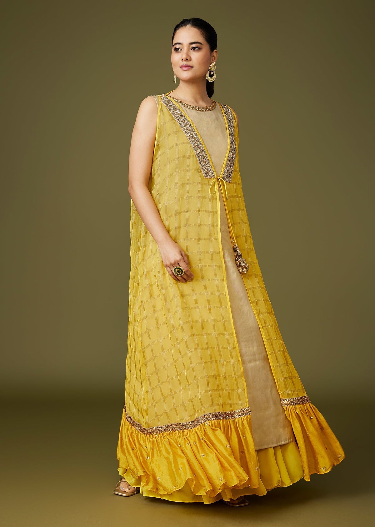 Yellow Fusion Lehenga With Banarasi Kurta And Embellished Jacket