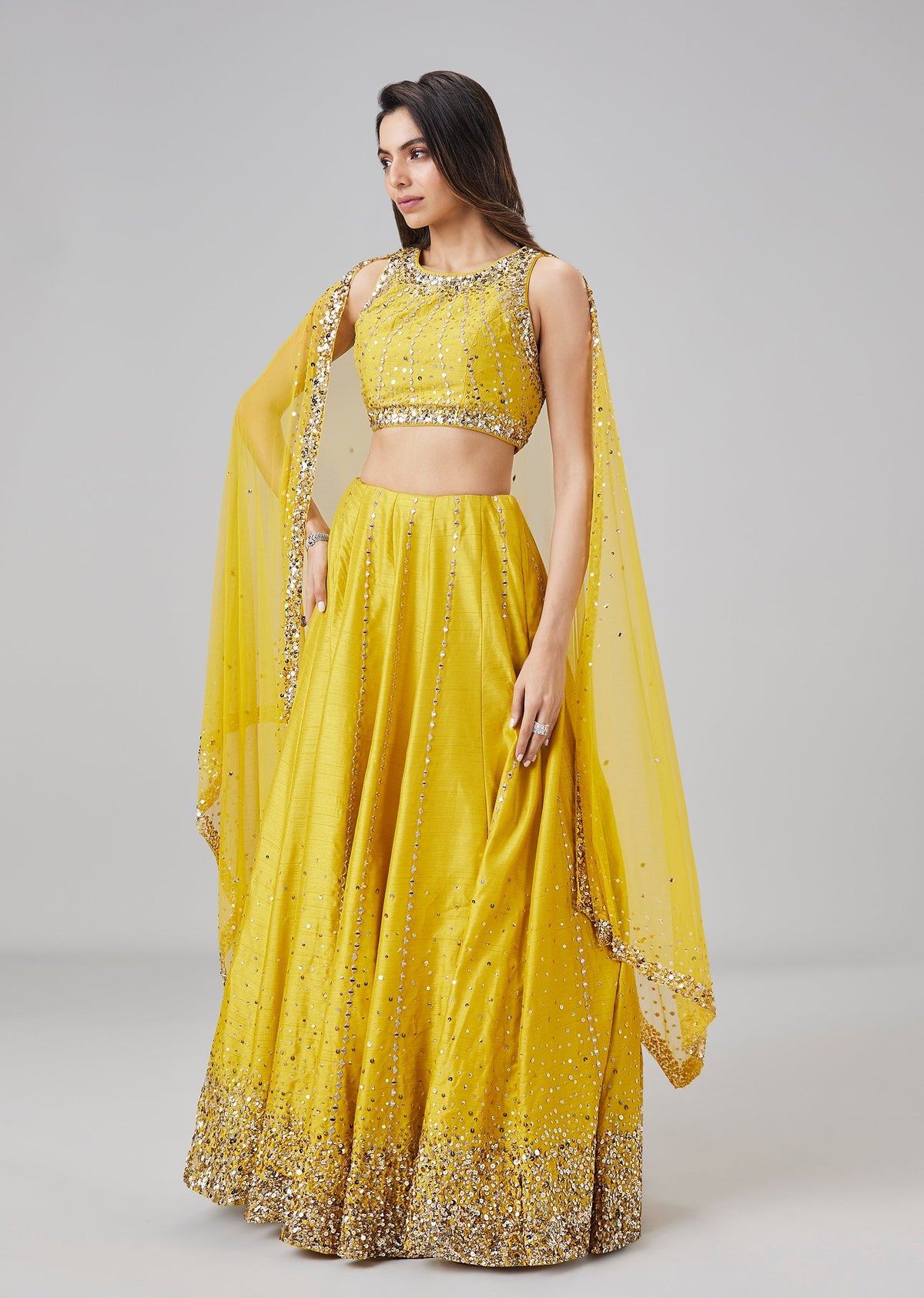 Yellow Sequin And Mirror Work Bridesmaid Lehenga Set
