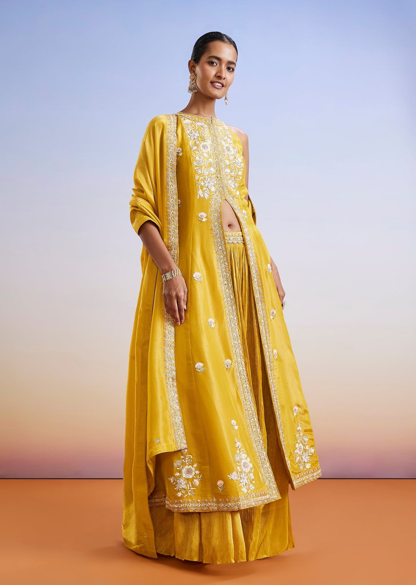 Yellow Sequins Embroidered Front Slit Anarkali Suit With Dupatta