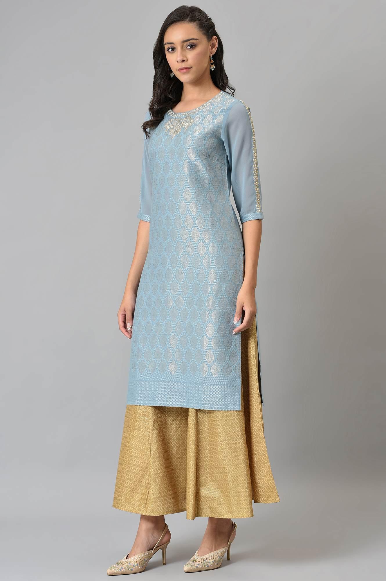 Sky Blue Jacquard kurta With Embroidery