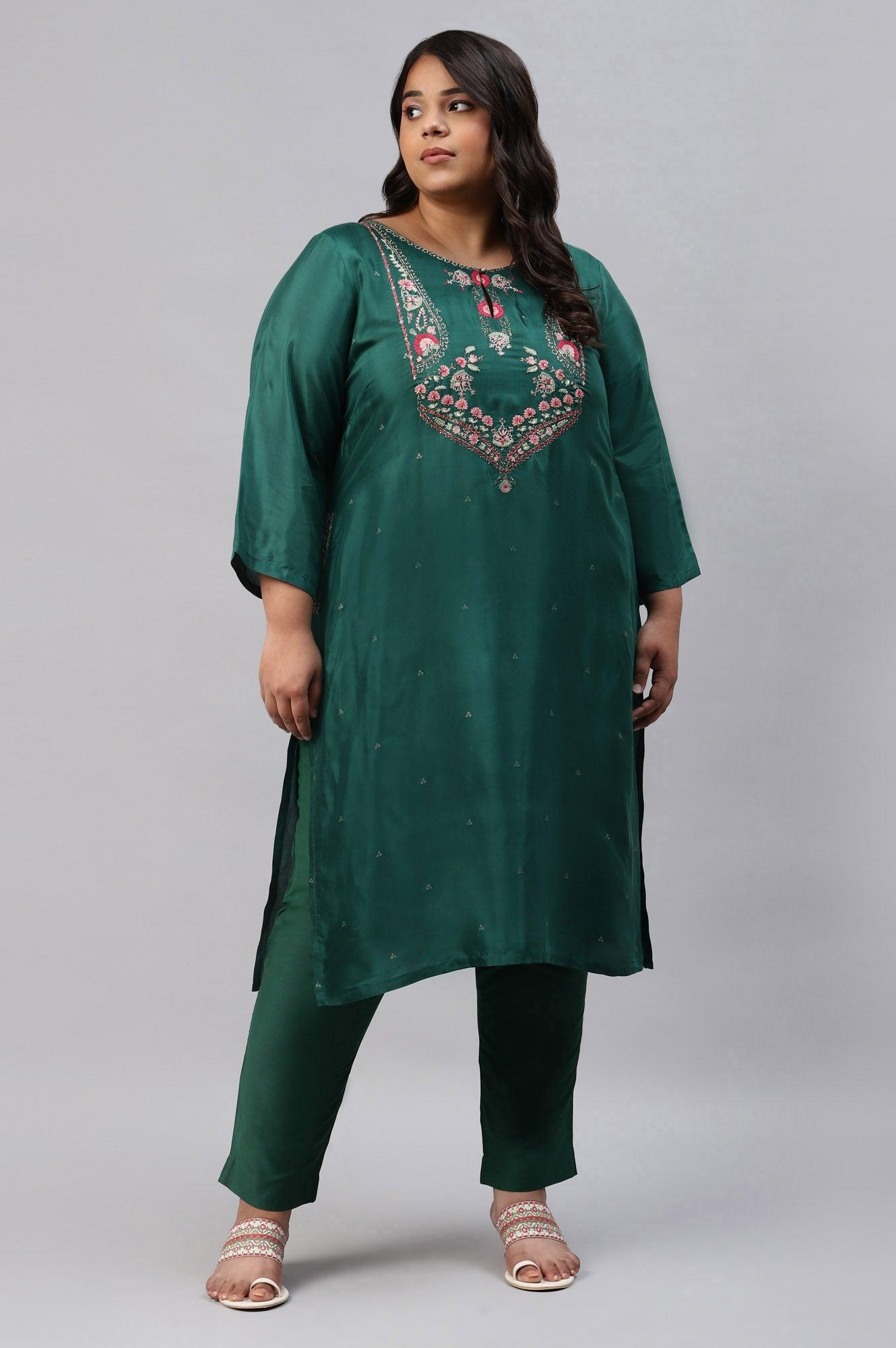 Plus Size Green Glitter Printed Embroidered kurta
