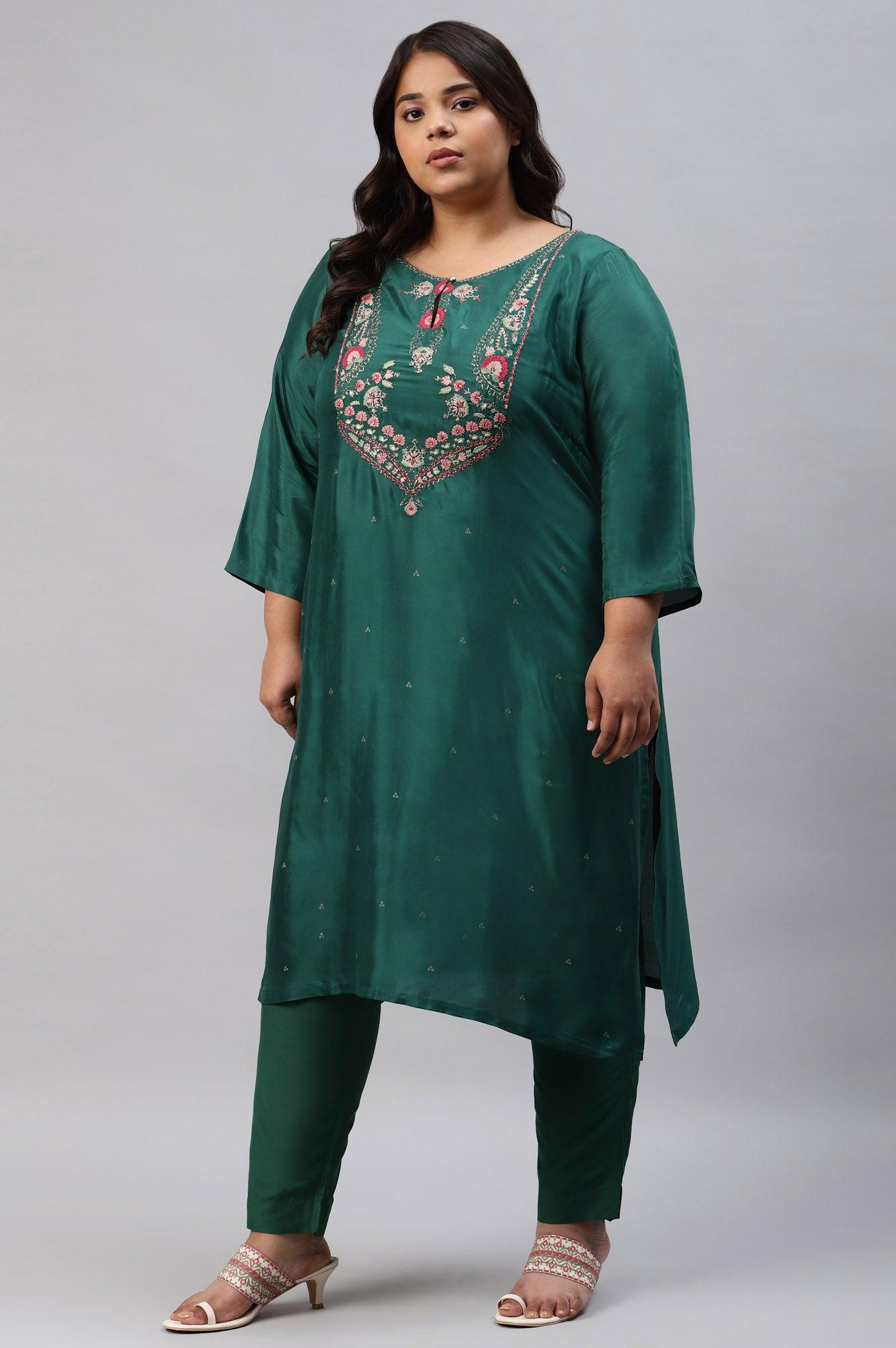 Plus Size Green Glitter Printed Embroidered kurta